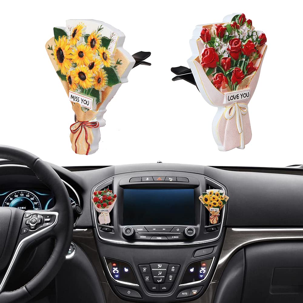 MII-FACTORY Car Flower Air Vent Decorations - Cute Sunflower & Red Rose Car Fresheners - Car Interior Air Vent Accessories for Home, Office & Travel (Red Rose + Sunflower)