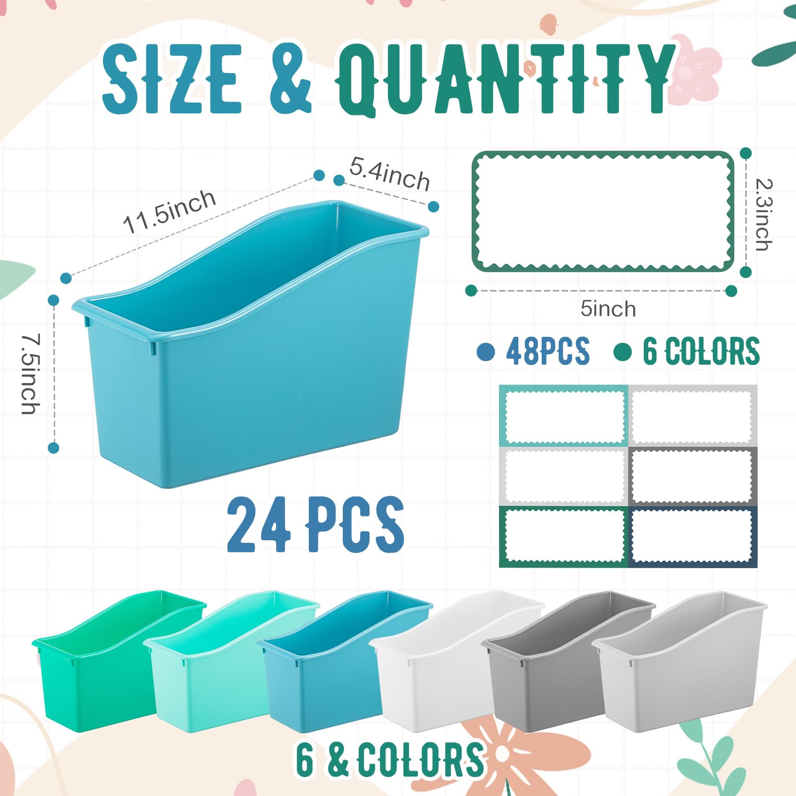 Geetery 24 Pcs Stackable Plastic Book Bins with 48 Labels - 11.5