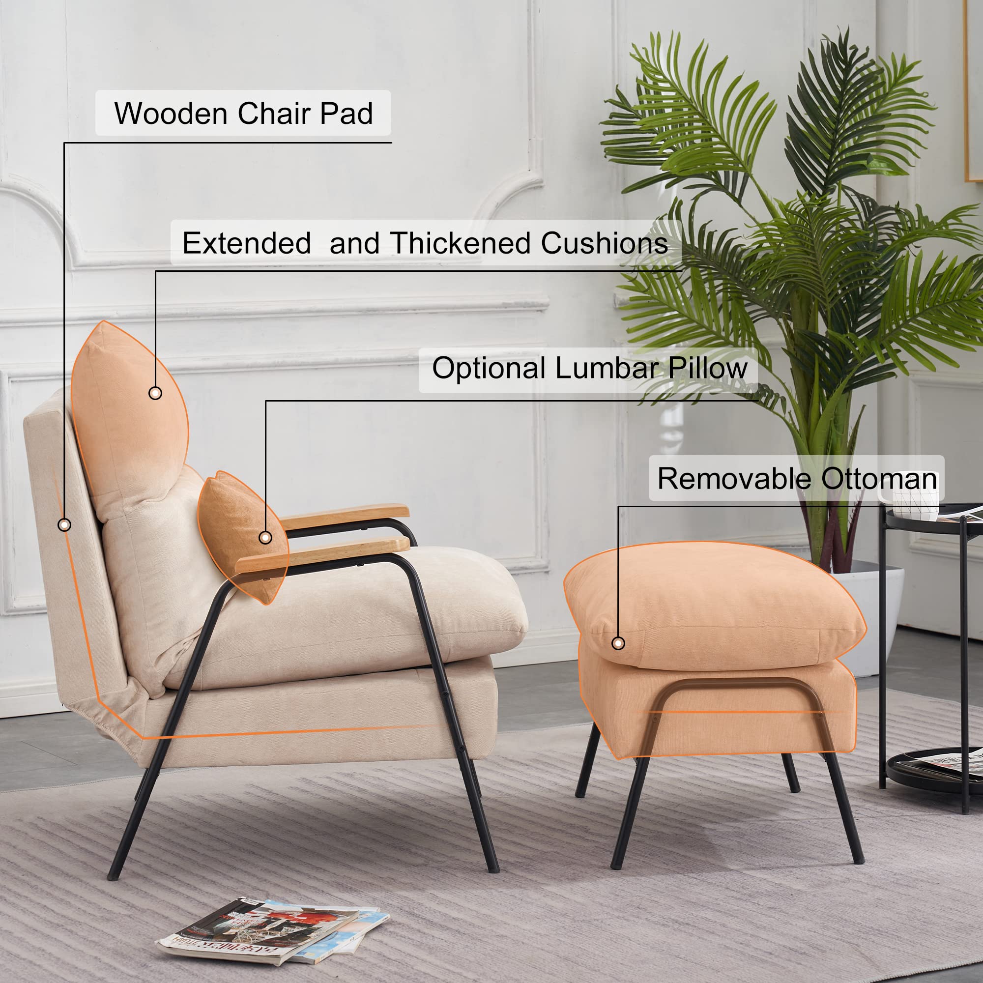 MCombo Modern Fabric Accent Recliner Chair with Ottoman - Upholstered Armchair & Sofa Bed for Living Room, Bedroom, Small Spaces 4055 (Black Frame, Beige) - Perfect for Relaxing, Reading & Napping in Home or Office