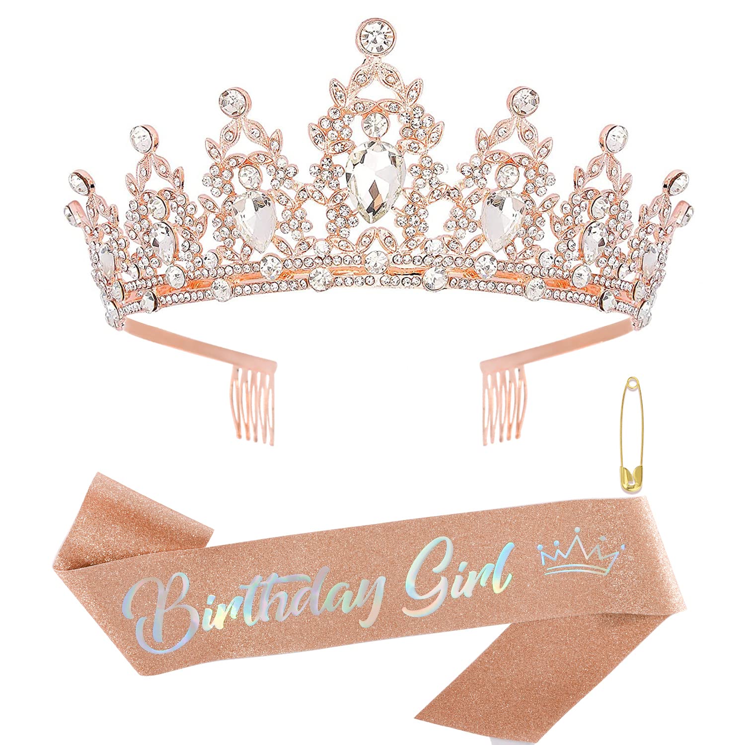 SuPoo Rose Gold Rhinestone Birthday Crown & Sash Set for Women - Sparkling Crystal Tiara Headband with Comb & Glitter Girls Sash - Perfect for Quinceañera, Birthday Parties, Bachelorette, and Special Occasion Decorations