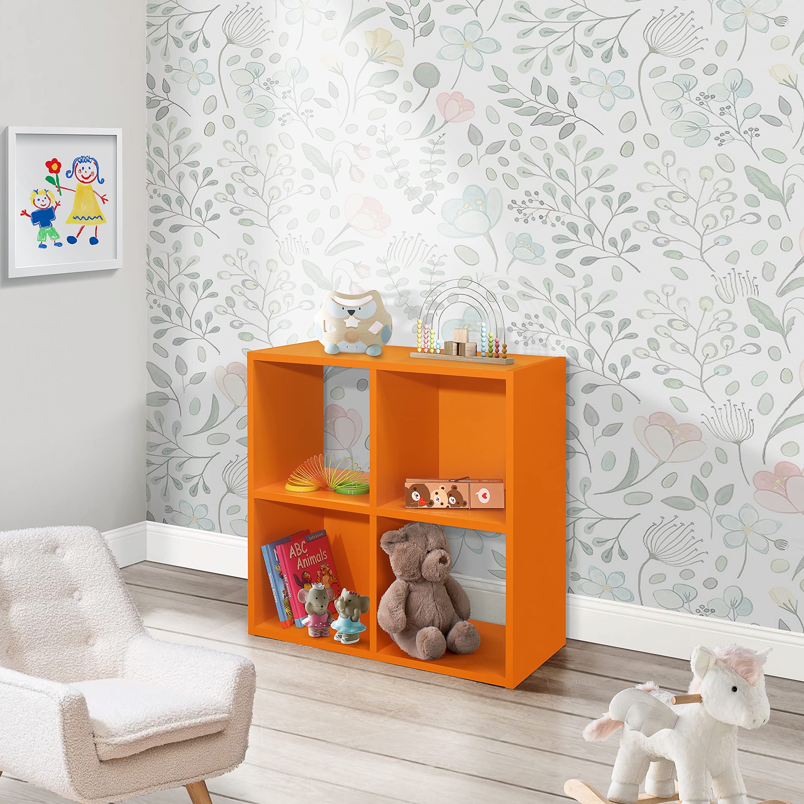 Kings Brand Furniture - 4-Cube Kids Bookcase with Toy Storage, Children's Bookshelf Organizer for Playroom, Bedroom & Nursery - Perfect for Toy Storage, Book Display & Room Organization (Orange)