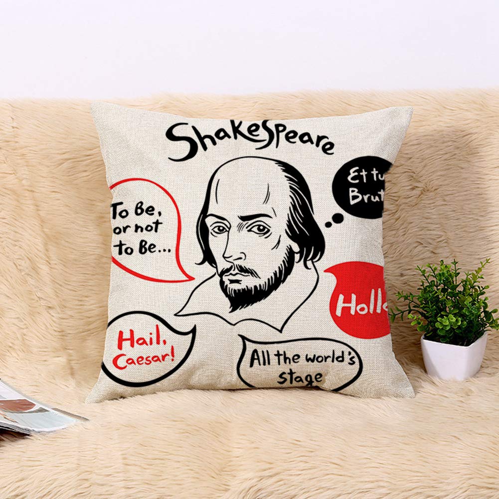 Shakespeare Portrait Throw Pillow Cover - 20x20 Inch Cotton Linen Square Cushion Case with Famous Writer Quotes & Speech Bubbles - Perfect for Literary Home Decor, Reading Nook, and Book Lover Gifts
