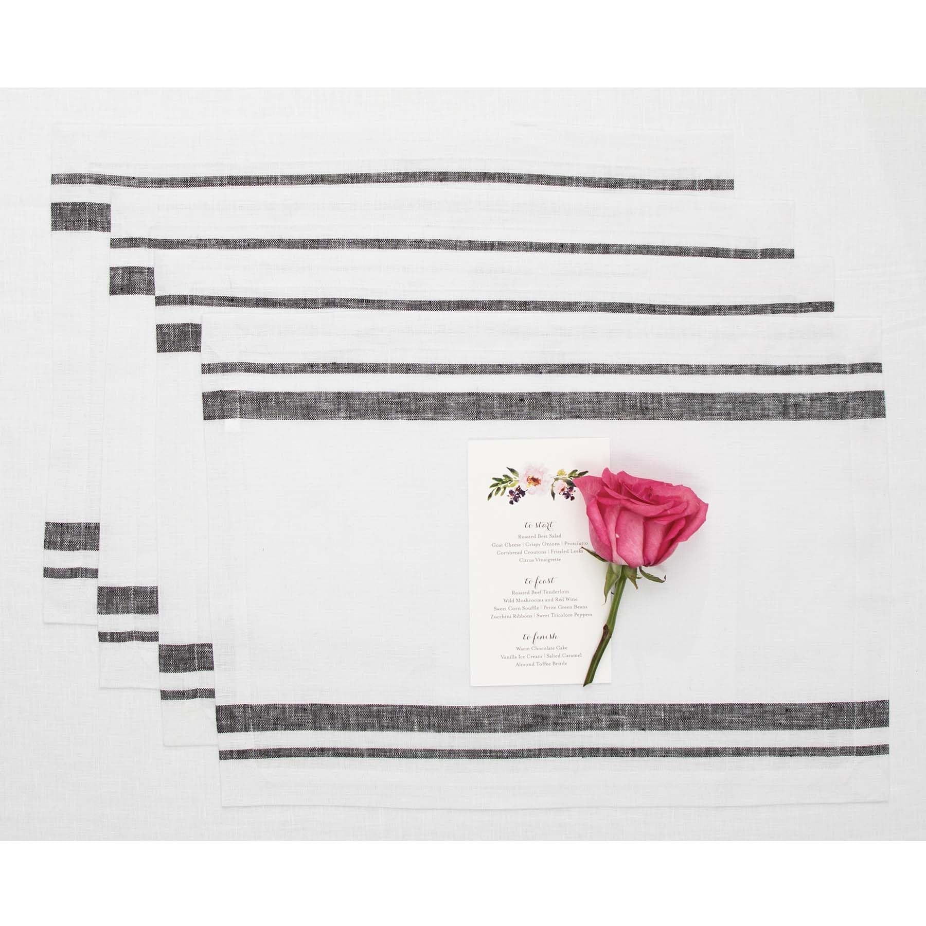 Solino Home French Stripe Linen Placemats Set of 4 - 14x19 Inch 100% Pure Black & White Washable Table Mats - Elegant Dining Decor for Spring, Easter, Mother's Day & Everyday Use