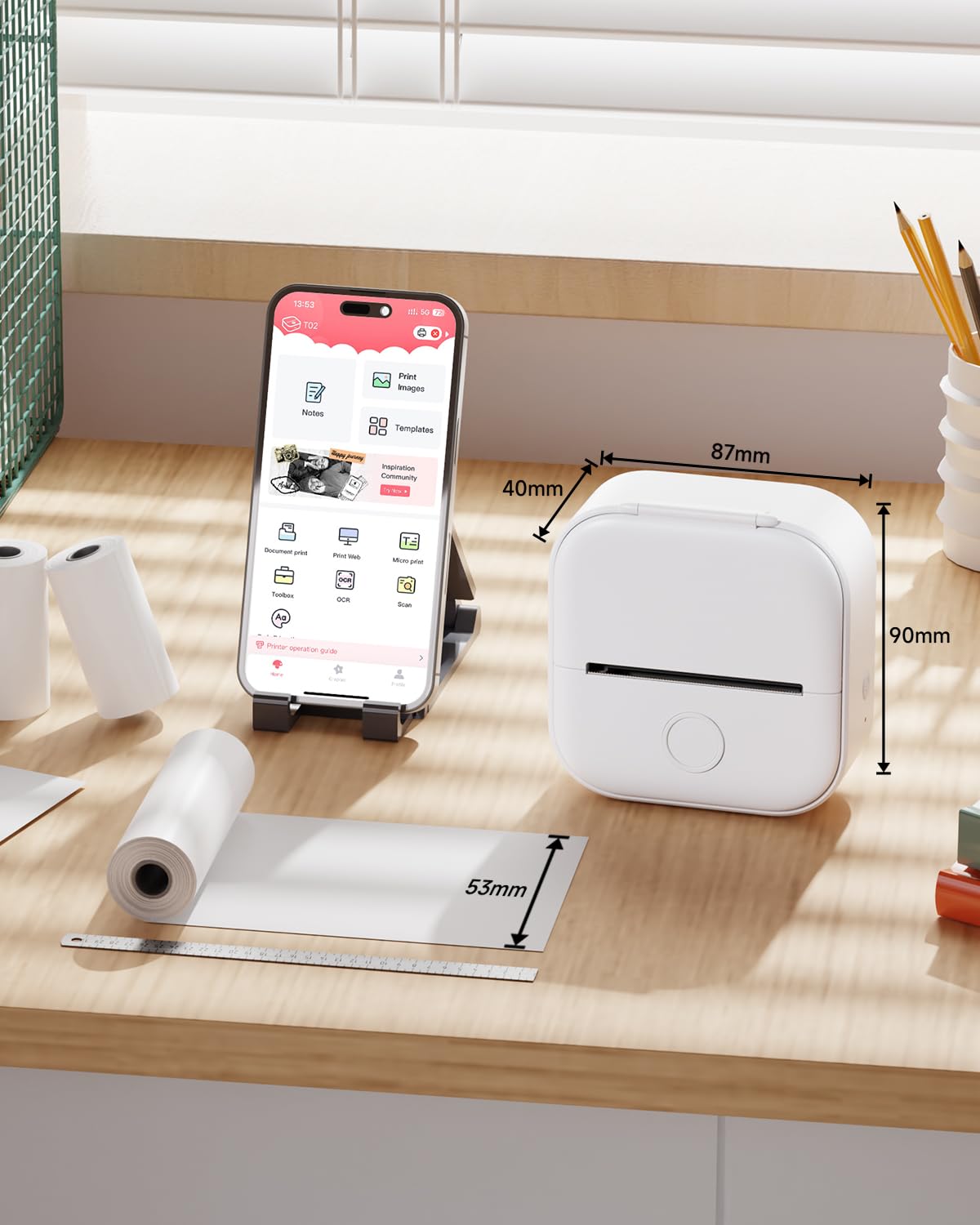 Memoqueen T02 Mini Portable Thermal Sticker Printer - Wireless Bluetooth Compatible with iPhone & Android, Includes 3 Rolls Sticker Paper - Perfect for DIY Crafts, Scrapbooking, Journaling, School Projects & Birthday Gifts (White)