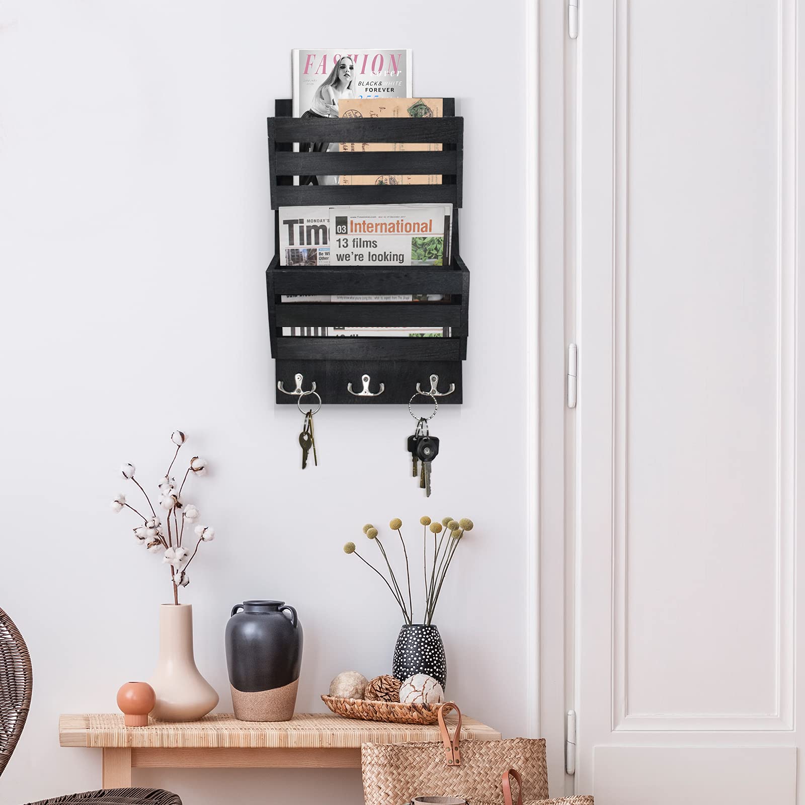 Rustic Wall Mounted Mail Organizer with 4 Key Hooks - Wooden Letter Holder for Mail, Magazines, Keys & Dog Leashes - Perfect for Entryway, Kitchen or Office Organization