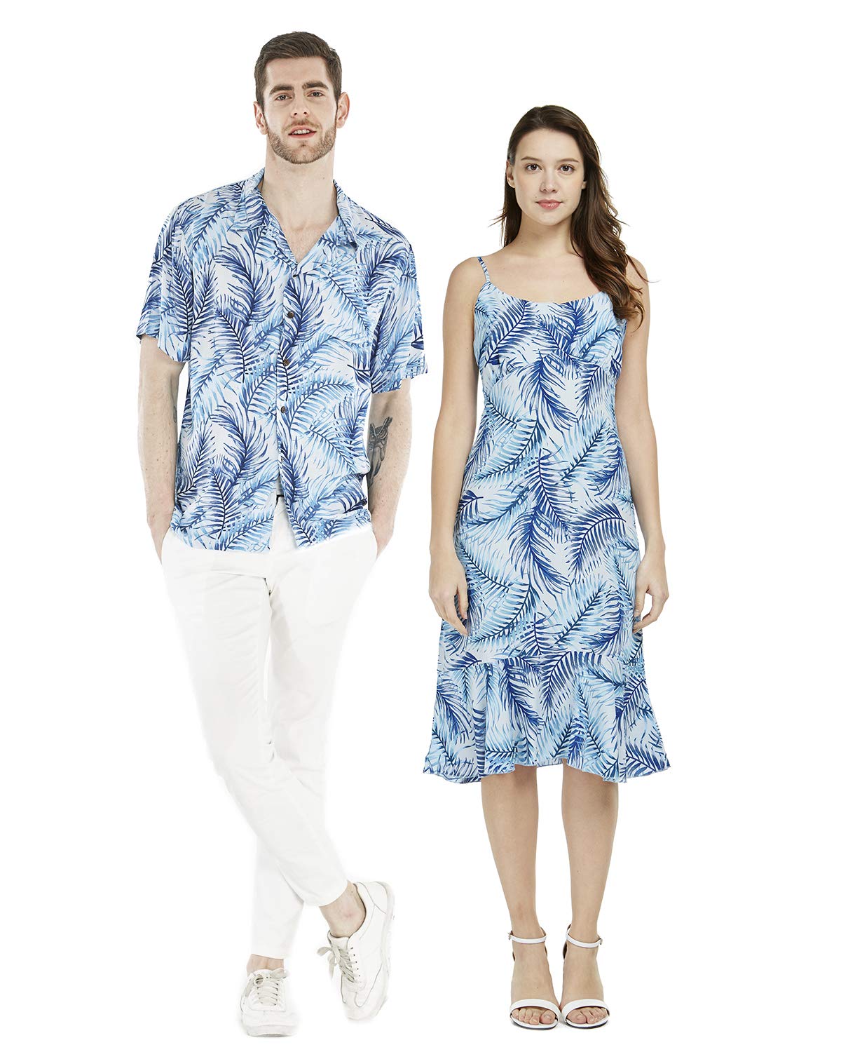 Couple Matching Hawaiian Luau Shirt & Mermaid Dress - Blue Tropical Leaves Print | Beach Vacation, Luau Party, Summer Outfits for Couples