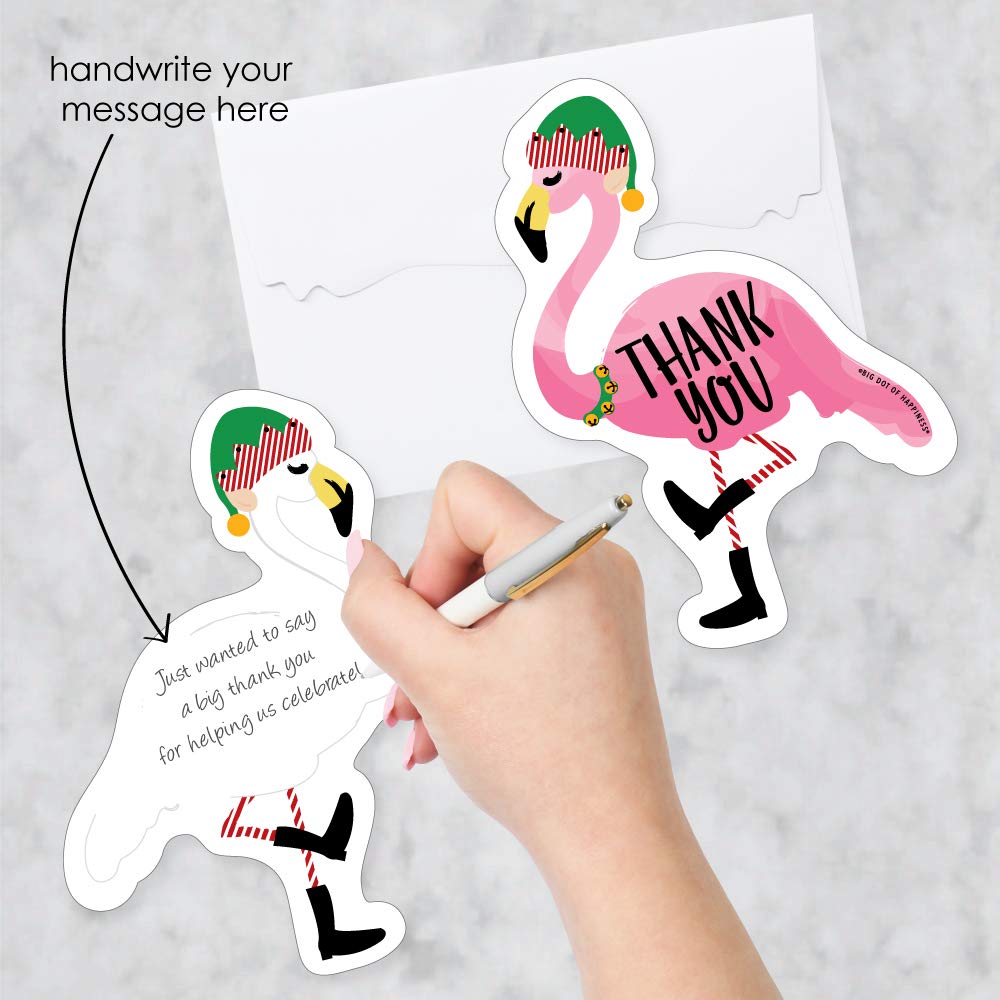 Big Dot of Happiness Flamingle Bells Shaped Thank You Cards - 12 Tropical Christmas Party Thank You Notes with Envelopes - Perfect for Holiday Gifts, Office Appreciation & Festive Greetings