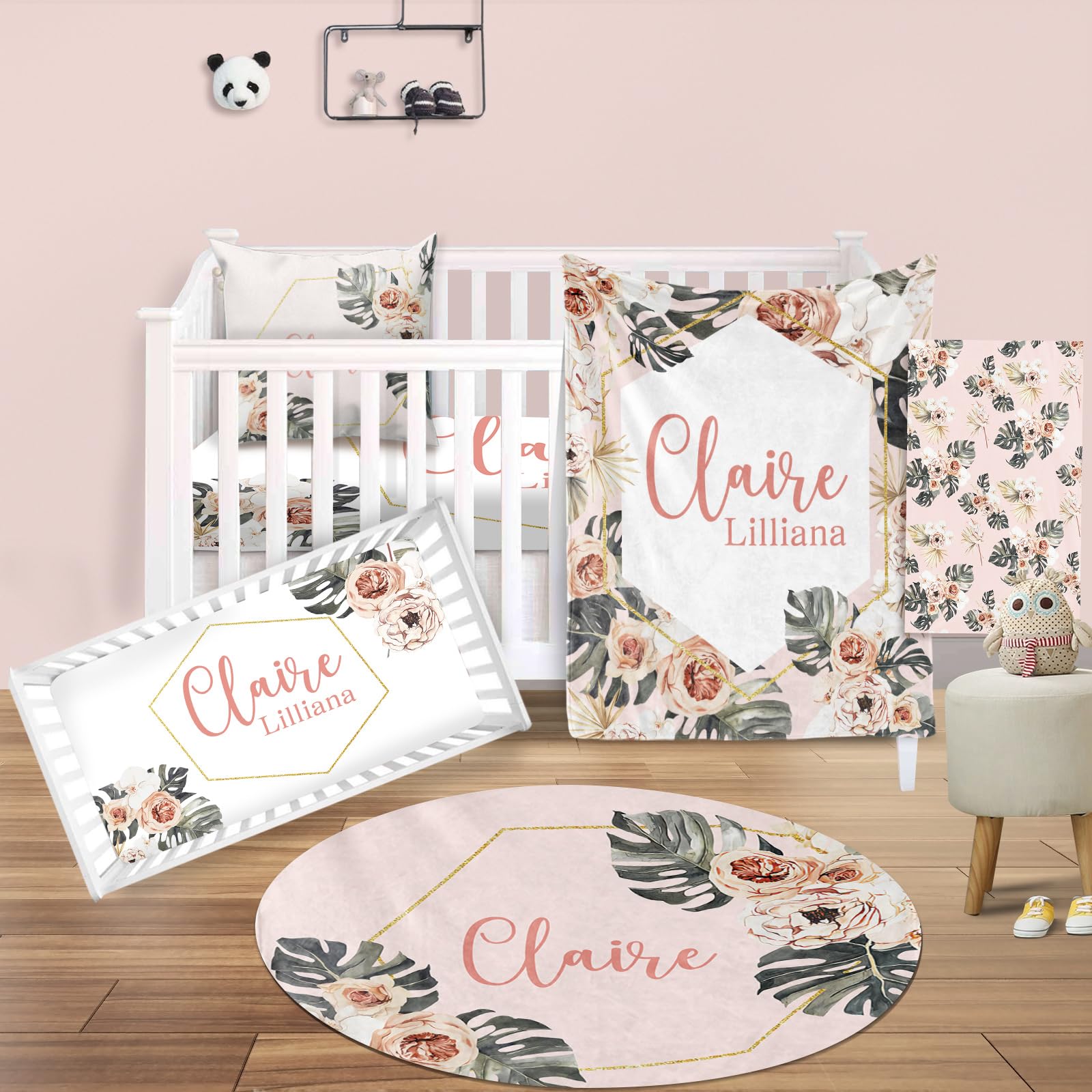 Custom Nursery Crib Bedding Set - Personalized Baby Blanket, Fitted Crib Sheet & Changing Pad Cover | Boho Green Leaves Pattern Pink Baby Room Decor | Perfect for Newborn Gifts & Nursery Design (Fixed Size) - Ideal for Baby Showers, Gender Reveals & Nursery Room Makeovers