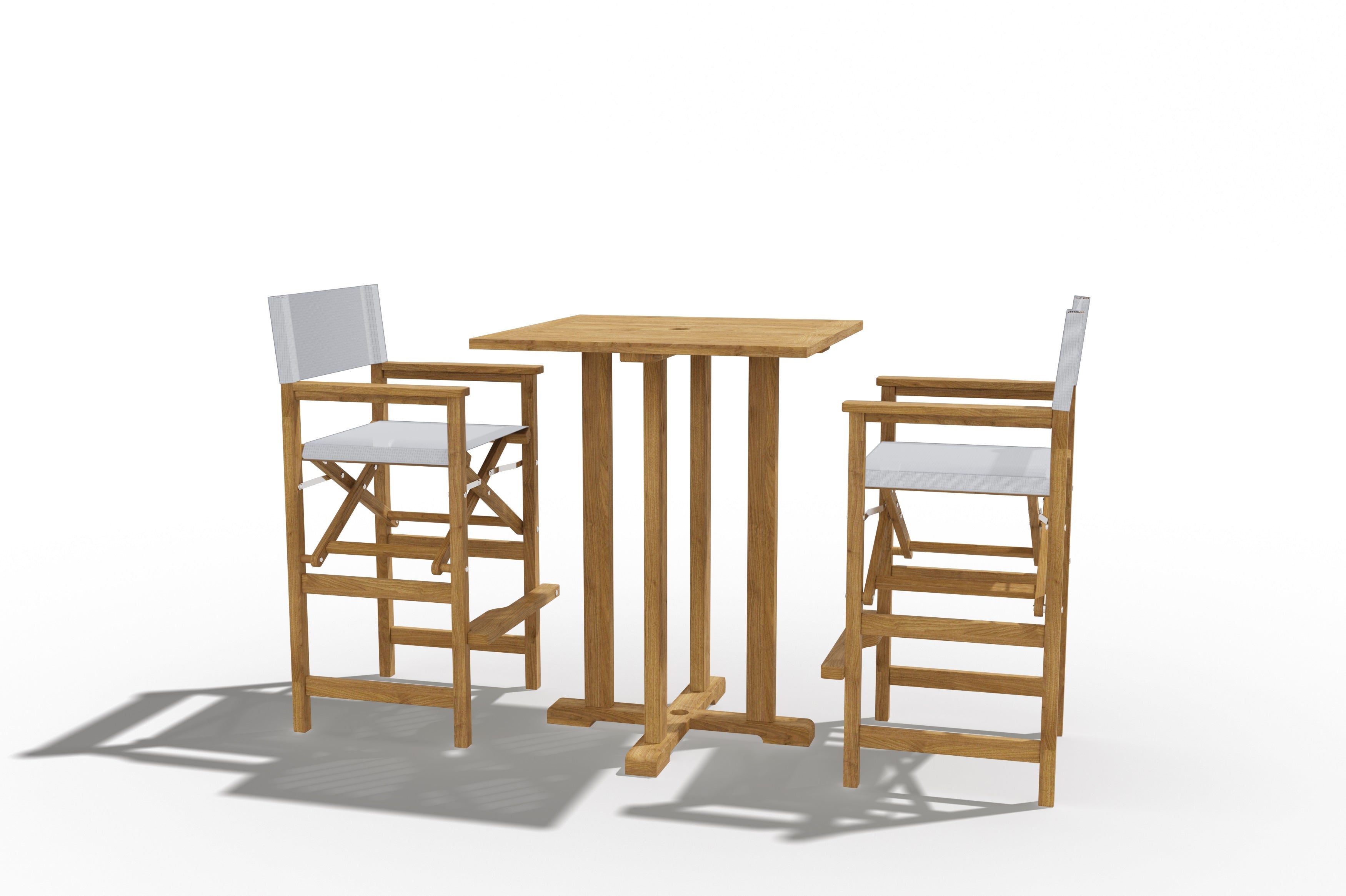 3-Piece White Teak Outdoor Bar Height Dining Set with Folding Armchairs - Perfect for Patio, Deck, Garden & Backyard Entertaining