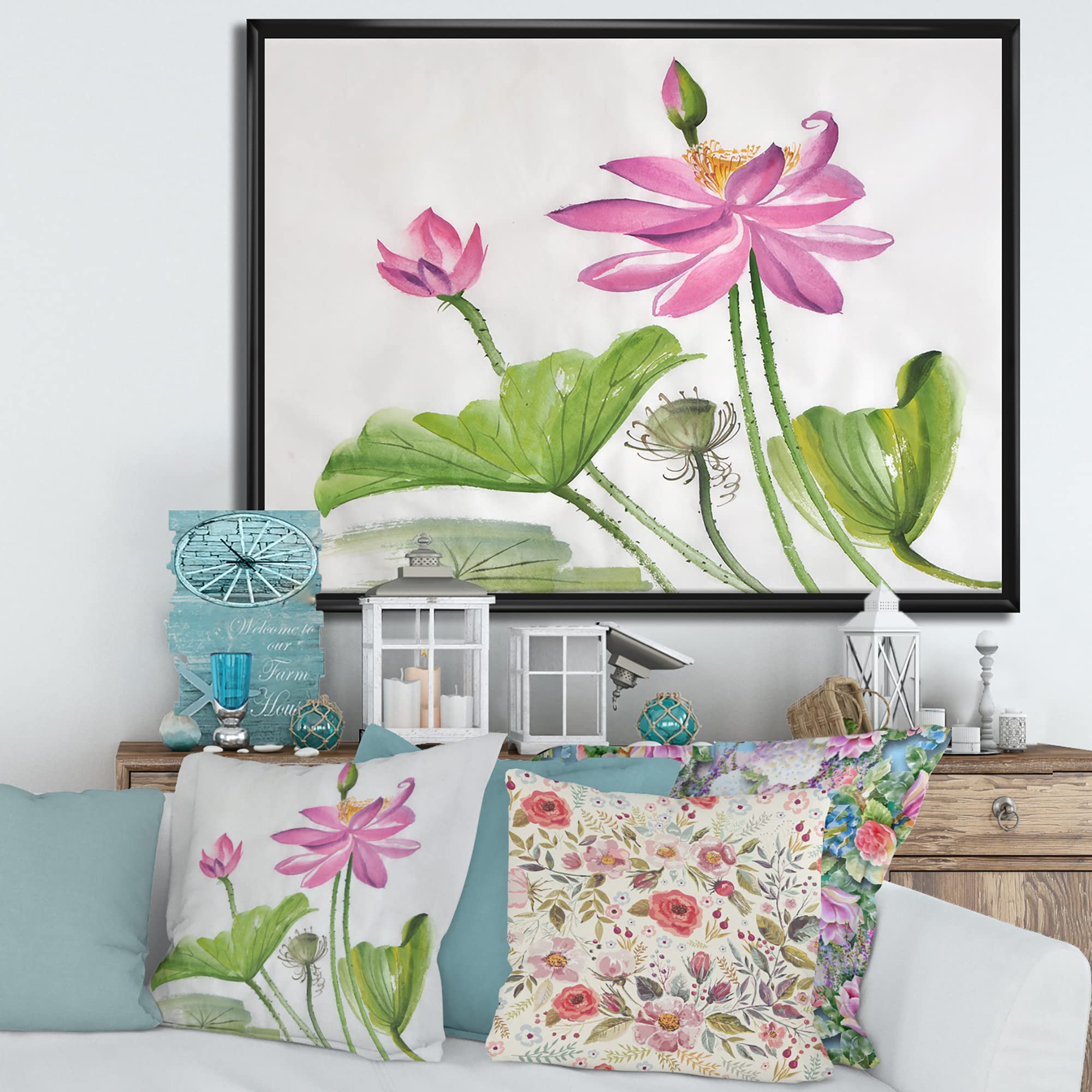 Two Pink Lotus Flowers Framed Canvas Wall Art Print - Traditional Asian Home Decor for Living Room, Bedroom & Office