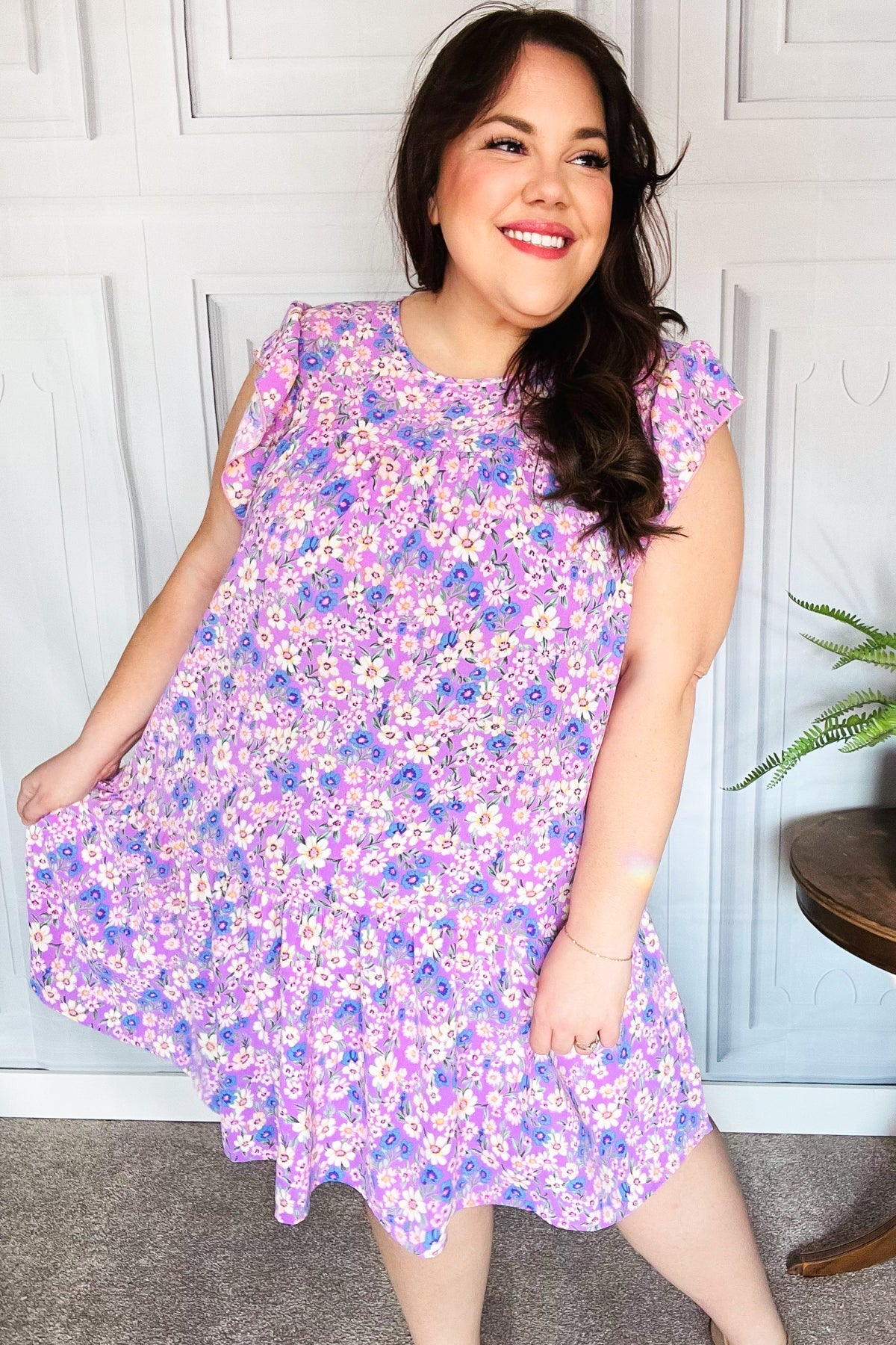 Elegant Lilac Floral Tiered Ruffle Sleeve Woven Dress for Women | Summer Wedding Guest Outfit | Garden Party & Date Night Dress