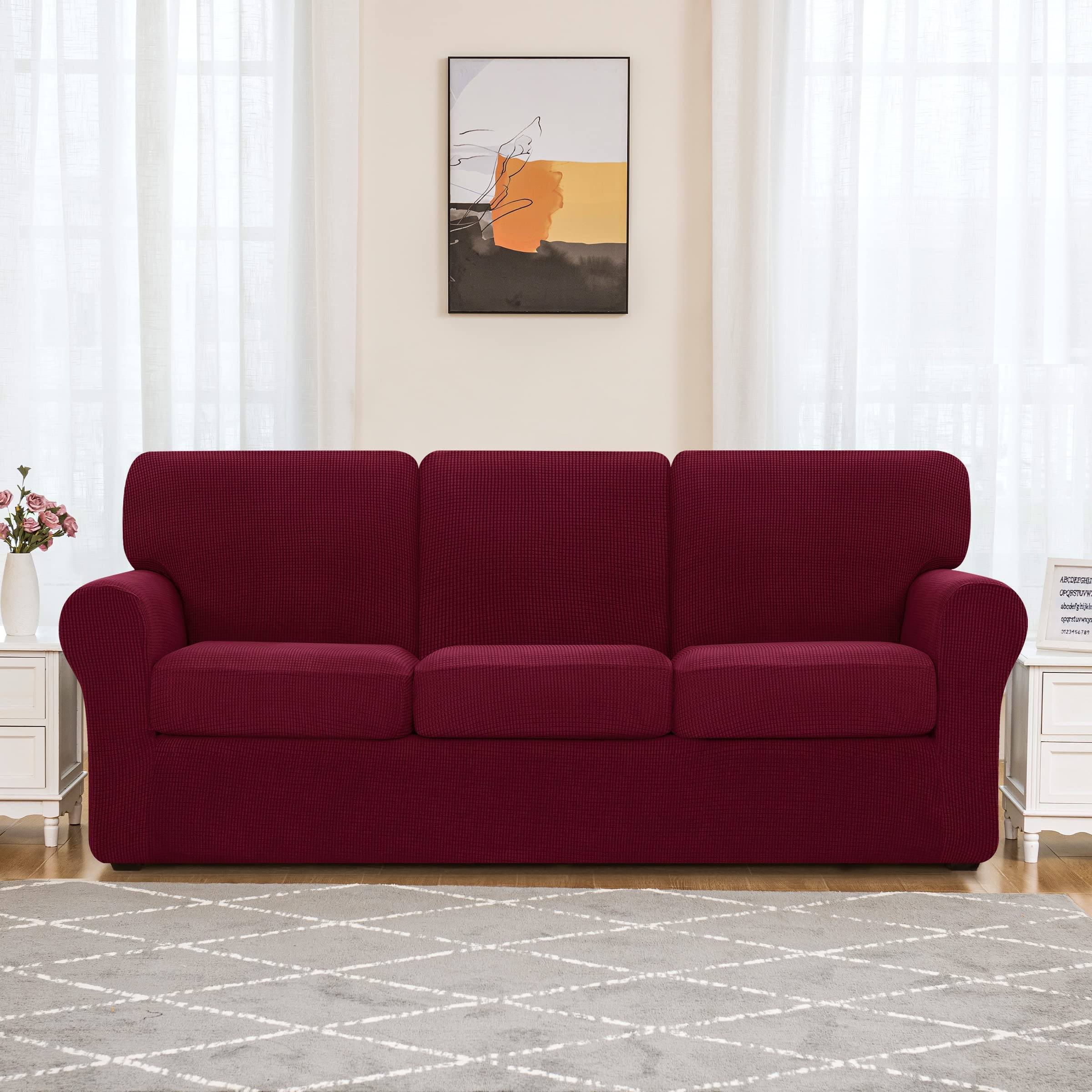 SUBRTEX 5-Piece Loveseat Cover & 7-Piece Sofa Cover Set - Stretchable Couch Slipcovers with Separate Backrest & Cushion Covers for Living Room (Medium/Large, Wine Red) - Perfect for Pet Protection, Furniture Refresh & Home Decor Upgrade