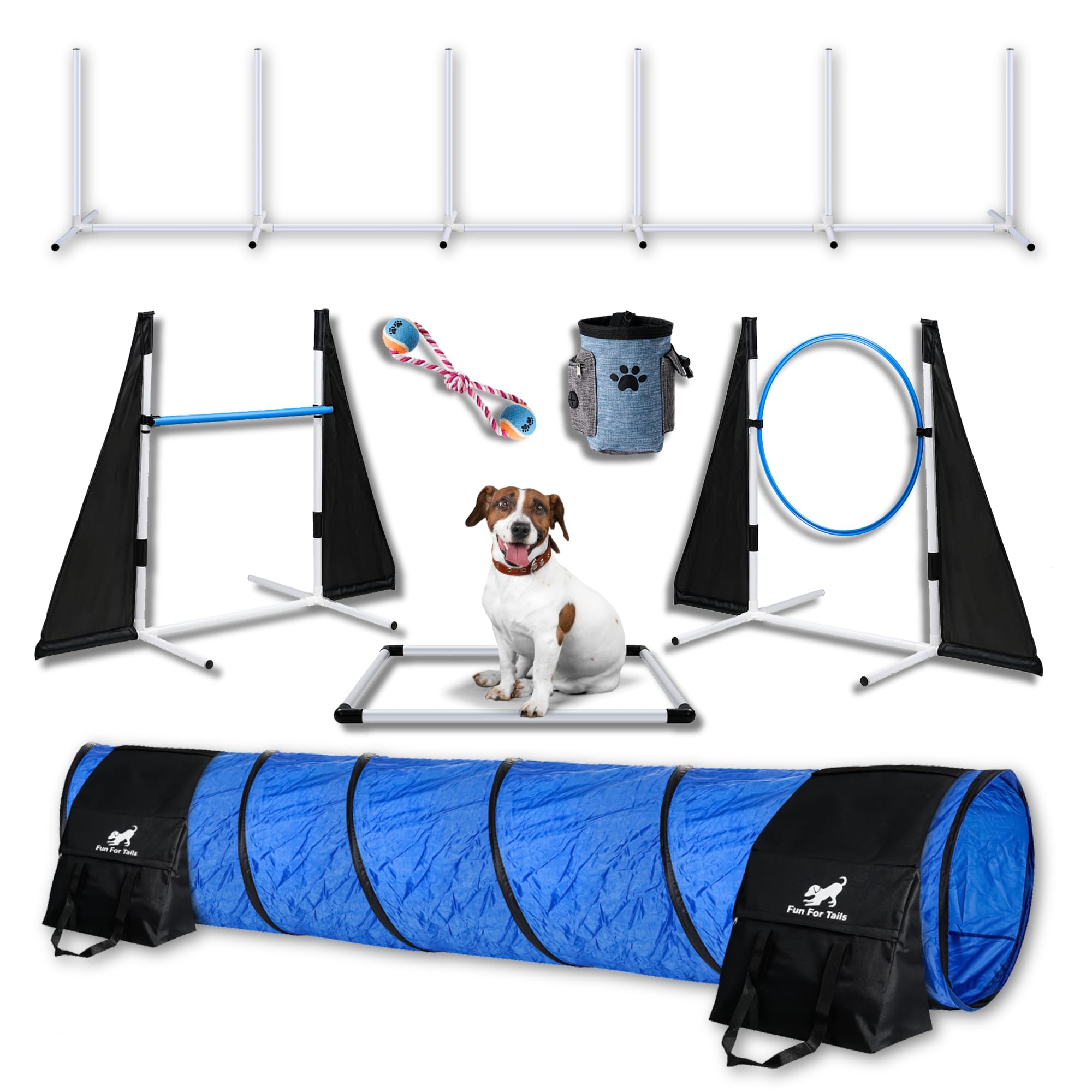 Premium Dog Agility Training Kit with Adjustable Hurdles, Tunnel & Treat Pouch - Complete Starter Set for Backyard Agility Courses, Puppy Training & Outdoor Exercise - Includes Jump Bars, Collapsible Tunnel, Tennis Ball & Training Rope for Small to Medium Dogs