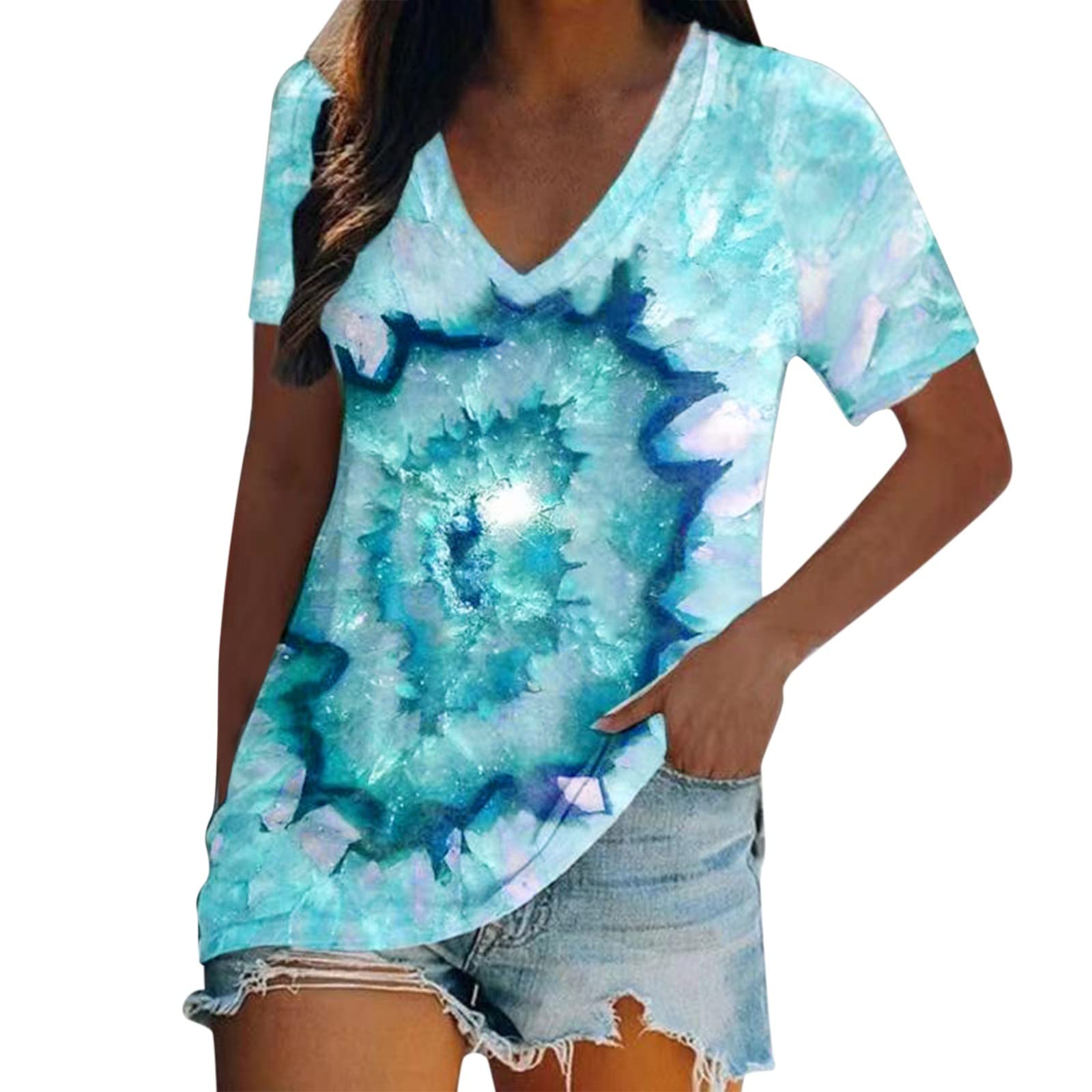 Women's Lace Sleeve Blouses - Summer Short Sleeve V-Neck Tie-Dye Printed Tops | Casual Shirts for Work, Date Night & Outdoor Activities