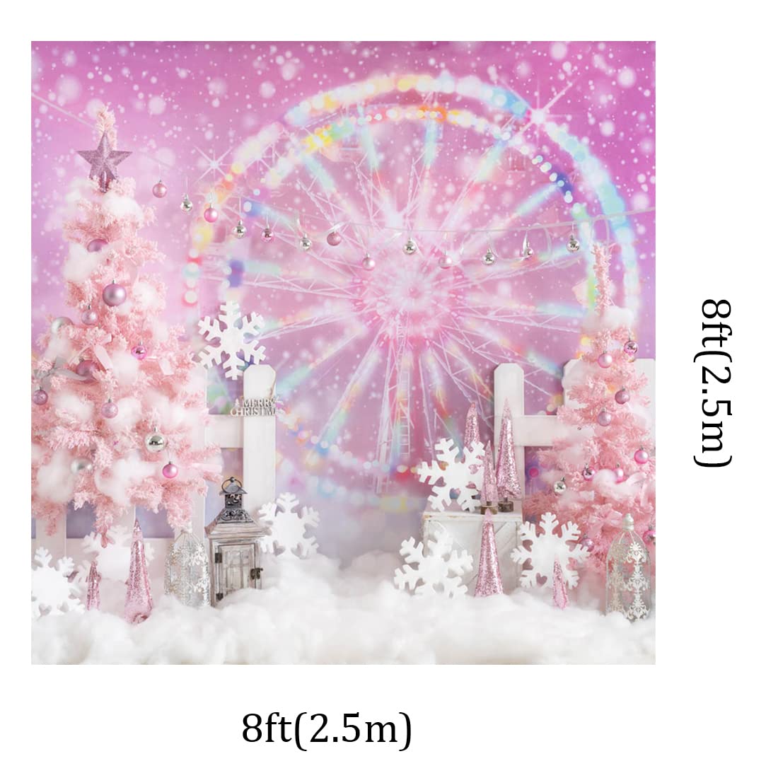 8x8ft Pink Merry Christmas Tree Snowflake Photography Backdrop - Dreamlike Ferris Wheel Holiday Background for Kids Christmas Photo Shoots, Studio Decor, Party & Seasonal Celebrations