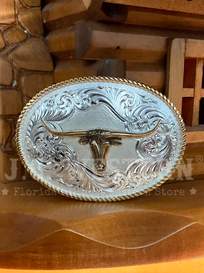 Montana Silversmiths 1340 767M Longhorn Gold Rope Trimmed Engraved Buckle - Western Silver Belt Buckle for Cowboy Boots & Jeans - Perfect for Rodeo, Country Music Festivals & Western Fashion