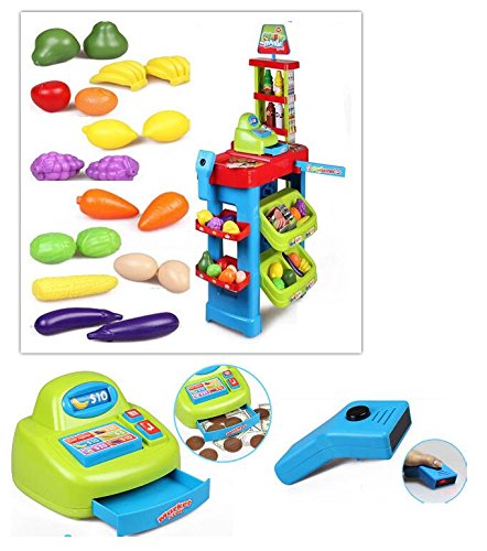 PowerTRC Kids Supermarket Toy Playset - Pretend Play Grocery Store with Shopping Cart, Food & Cash Register - Fun Educational Toy for Toddlers & Preschoolers (Great for Role Play & Learning)