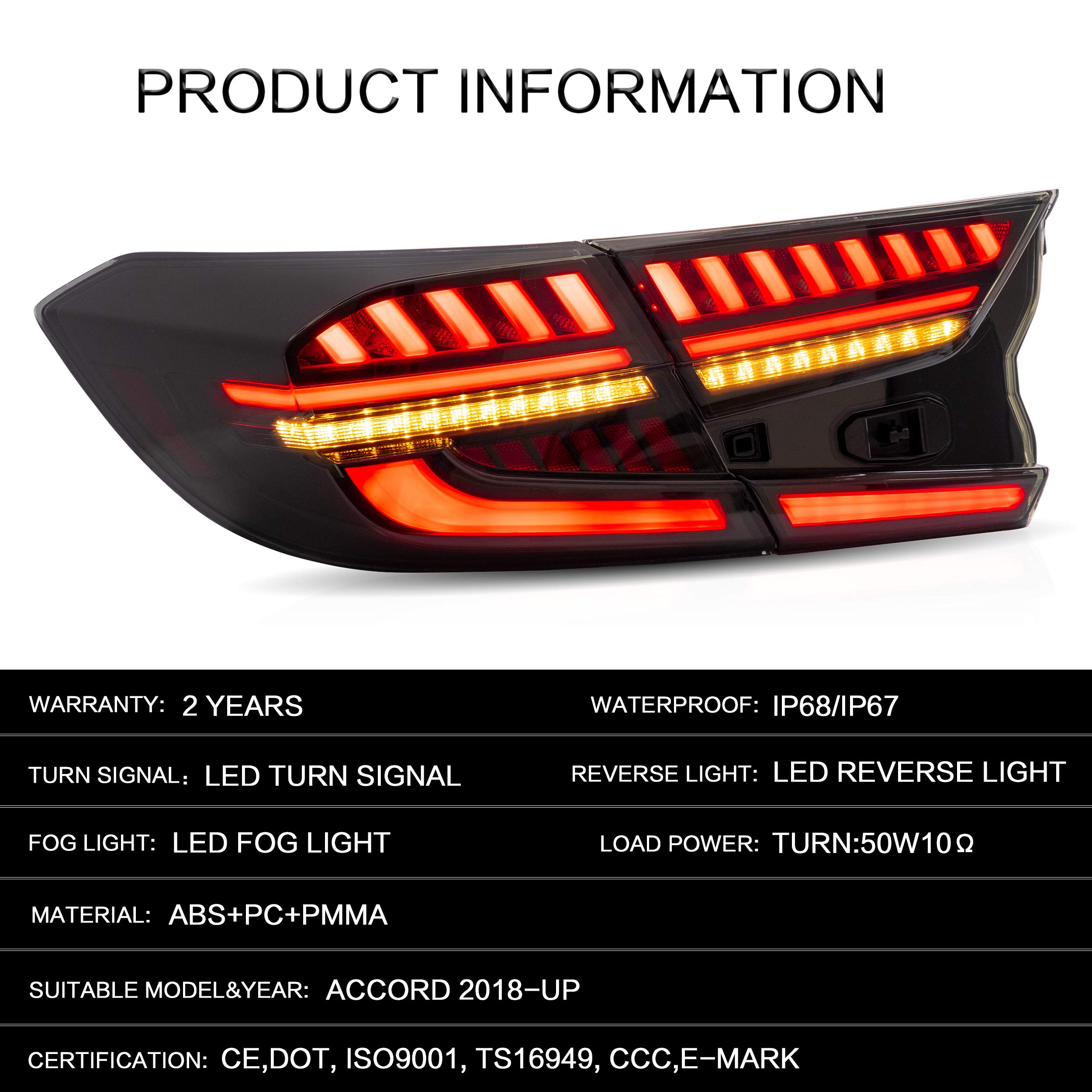 VLAND Smoked LED Tail Lights Assembly for Honda Accord 10th Gen (2018-2022) - Sequential Turn Signals, Reverse & Fog Lights, Plug & Play - Upgrade Your Car's Rear Style for Night Driving & Enhanced Safety