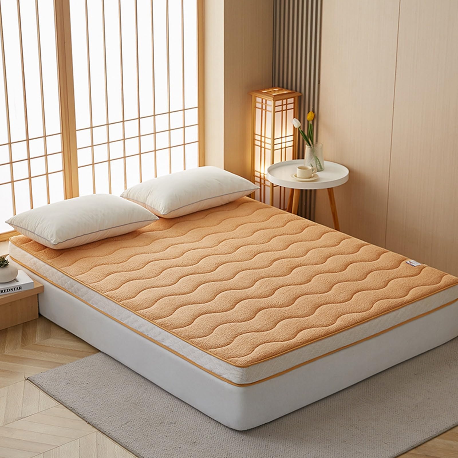 LXBche Double Portable Japanese Futon Mattress - Foldable Tatami Floor Mattress for Home, Camping & Couch - Roll Up Sleeping Pad (Lambskin Camel) | Perfect for Guest Beds, Travel & Small Spaces