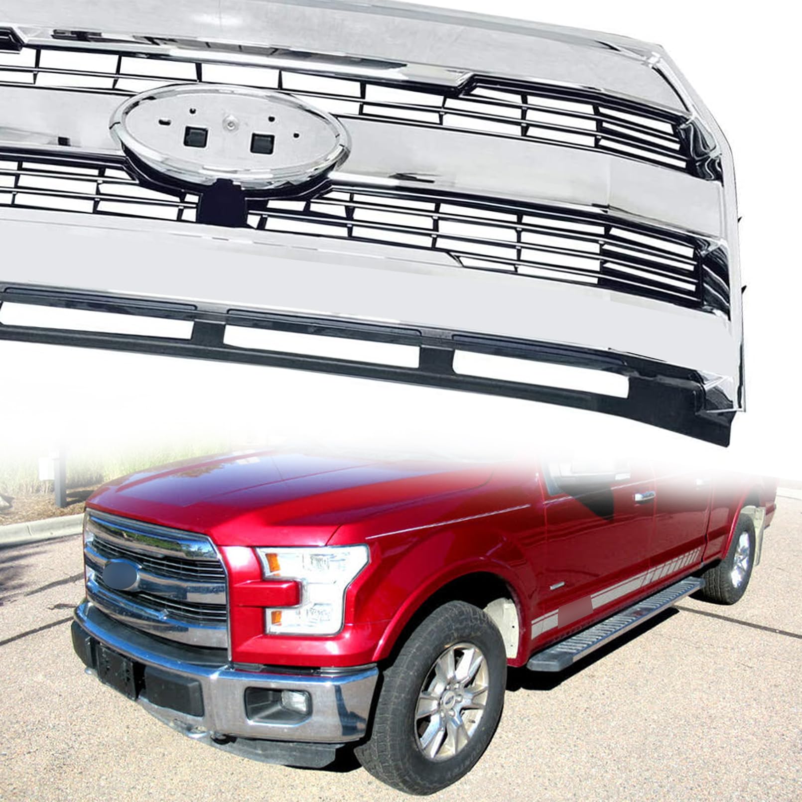 2015-2017 Ford F150 F-150 Upper Front Bumper Grille - Chrome ABS Plastic Mesh Hood Grill Replacement | Perfect for Off-Roading & Truck Customization