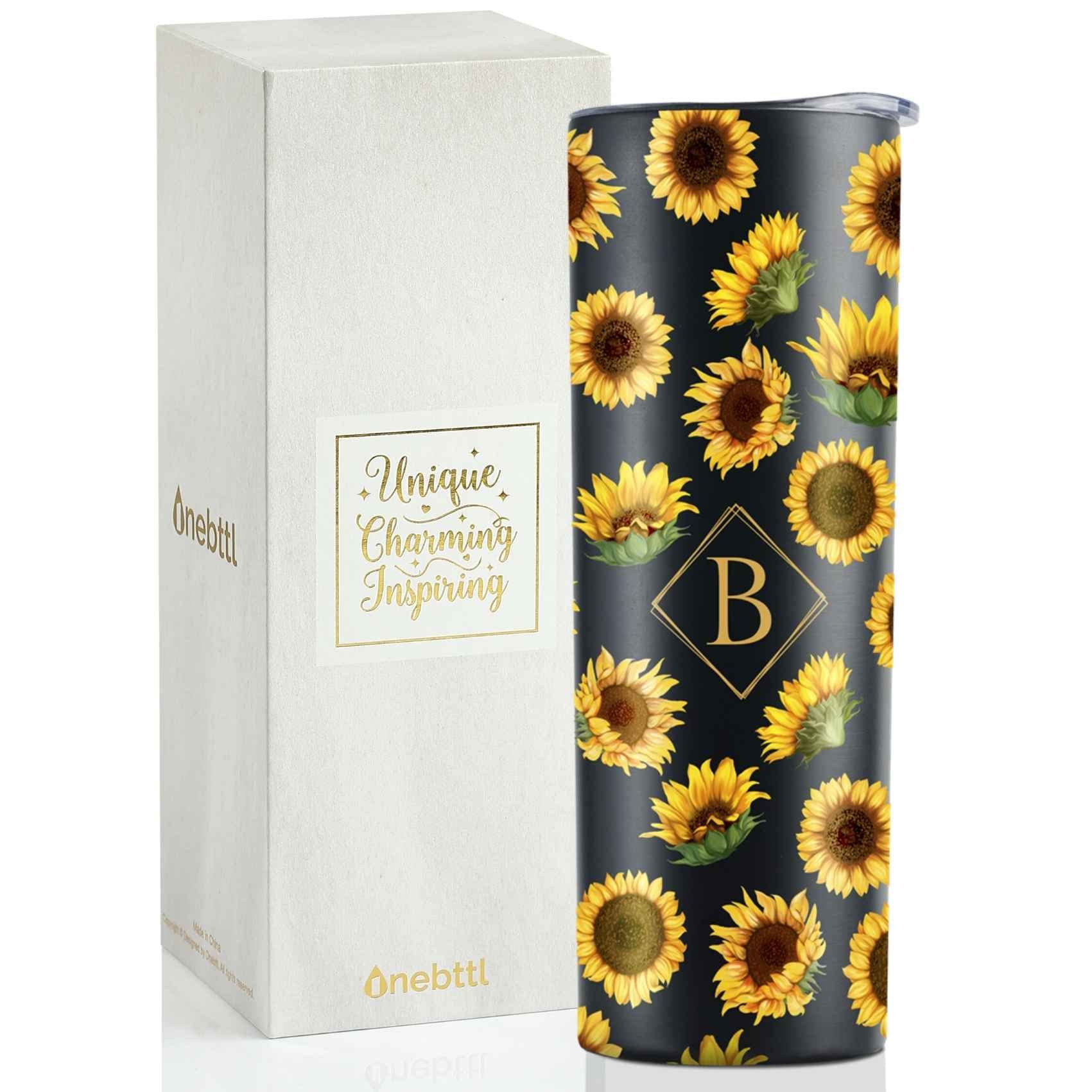 Personalized Sunflower Gifts with Initial - 20oz Stainless Steel Wine Tumbler with Floral Design, Perfect Birthday/Christmas/Mother's Day Present for Women & Girls - Great for Home, Office & Outdoor Use