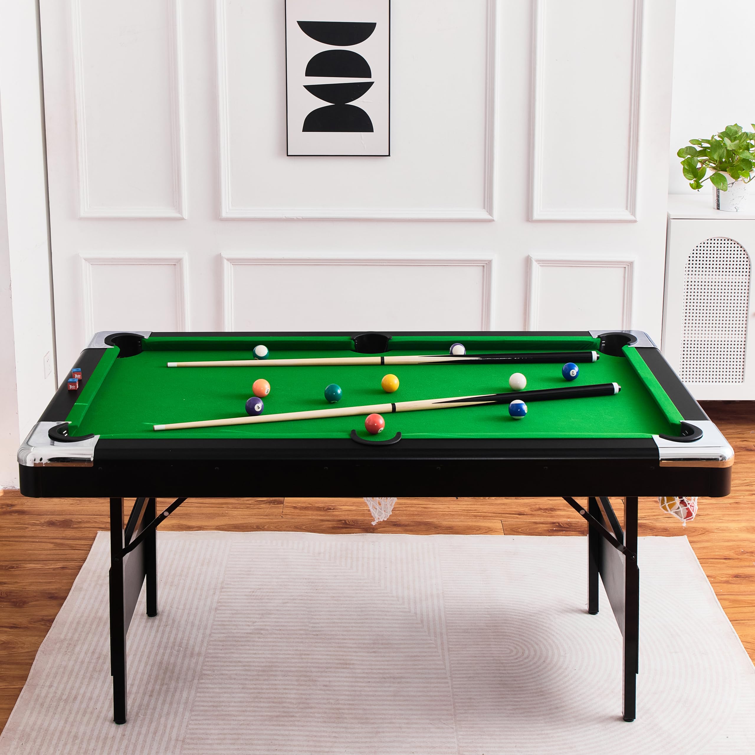 5.5ft, 6ft & 7ft Portable Folding Billiards Table Set with Balls, 2 Cues & Brush - Compact Pool Table for Kids & Adults - Perfect for Game Rooms, Basements & Indoor Entertainment