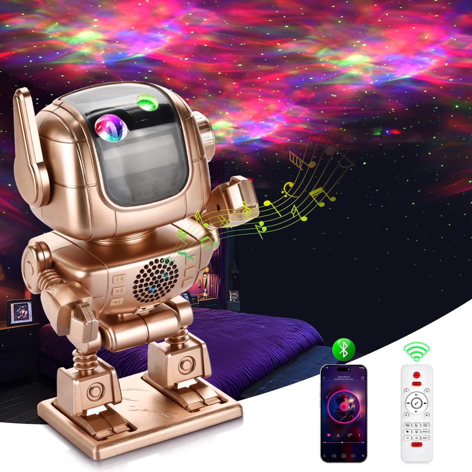 Galaxy Projector with Bluetooth Speaker & White Noise - Astronaut Star Projector LED Night Light, Adjustable 90° Rotation, Timer & Remote Control for Bedroom, Nursery, Christmas Decor & Relaxation