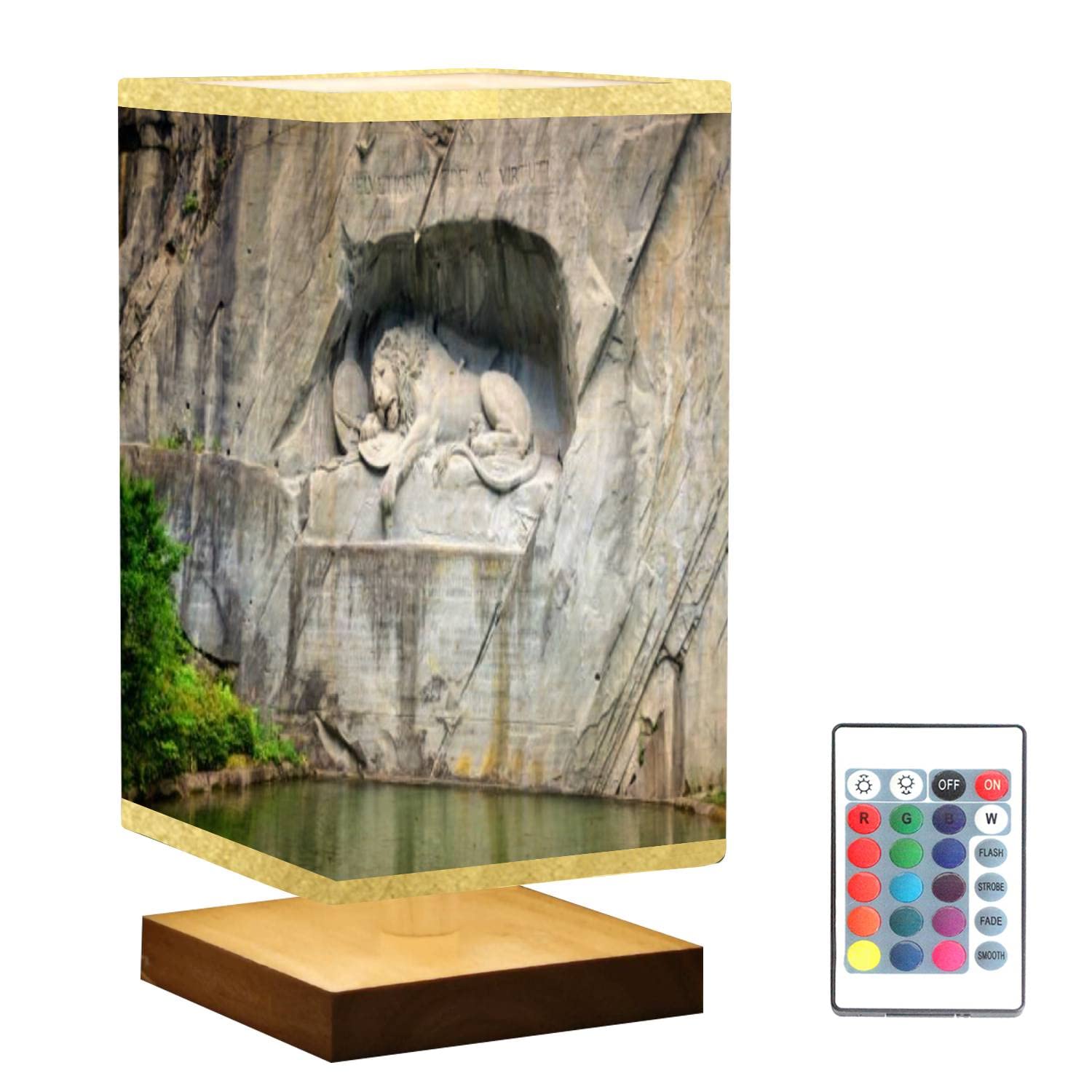 Dimmable Square Bedside Table Lamp with Wooden Base & Flaxen Fabric Shade - Lion Monument Lucerne Inspired Nightstand Light for Bedroom, Living Room, Office | Perfect for Reading, Relaxing & Ambient Lighting