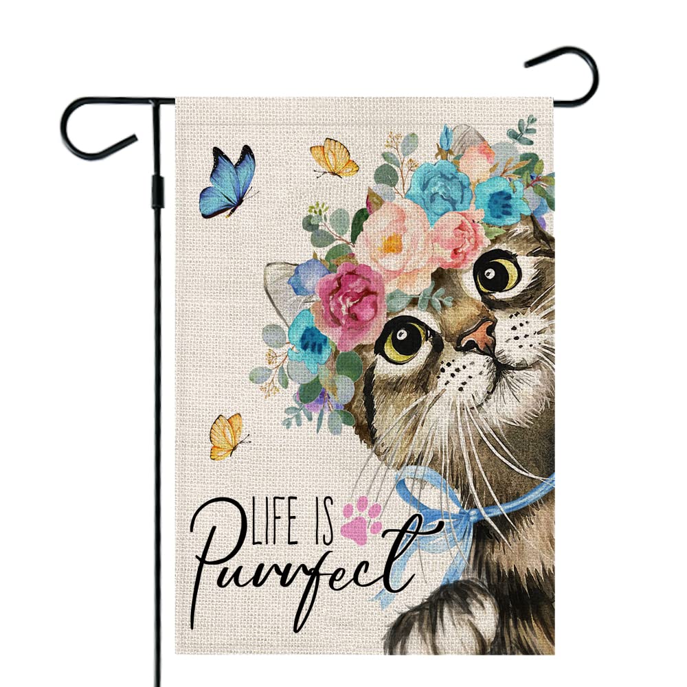 Floral Cat Garden Flag - Double Sided 12x18 Inch for Spring & Summer Yard Decor - Perfect Outdoor Holiday Decoration