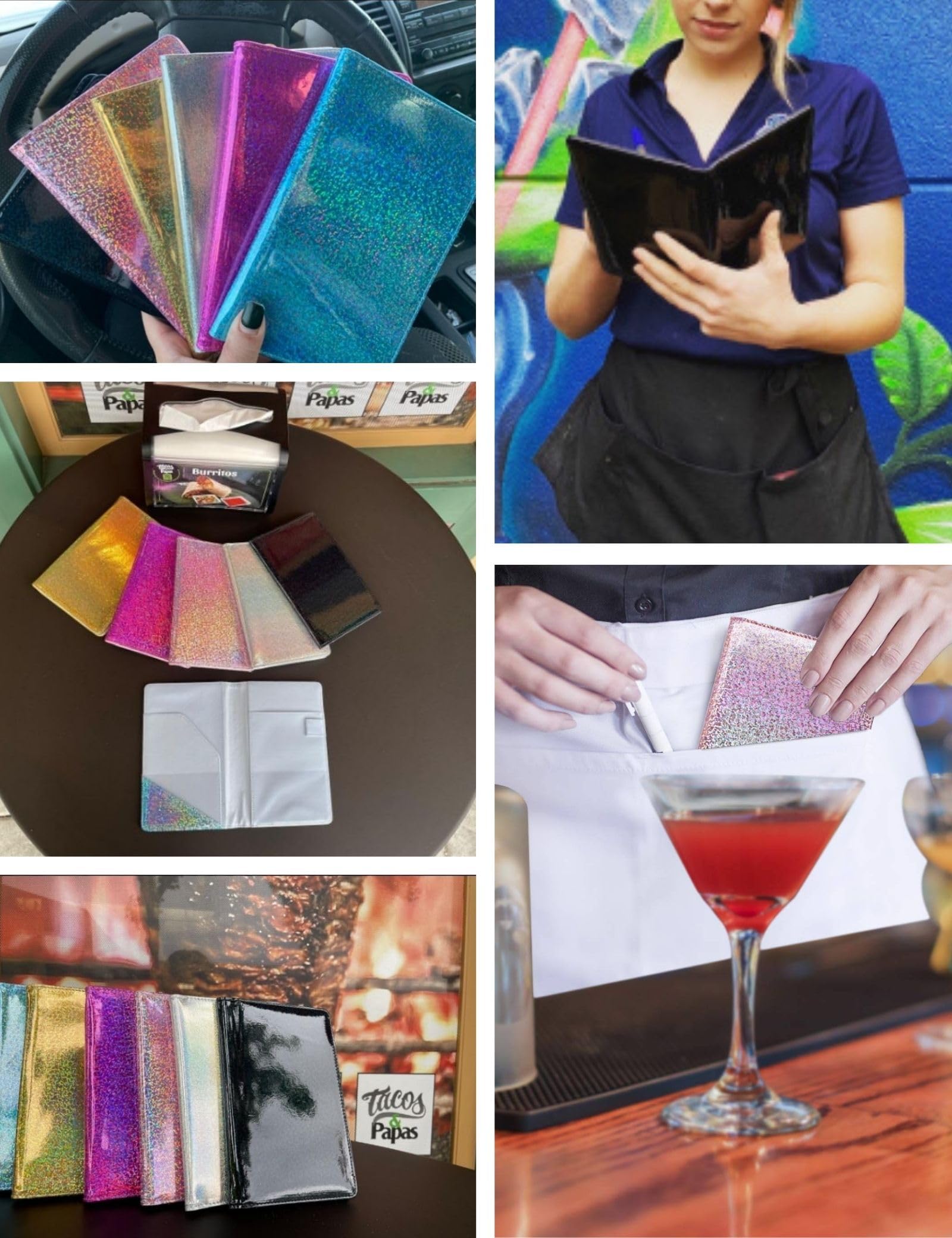 Mymazn Holographic Glitter Waiter Book - Restaurant Guest Check Organizer for Waitstaff (Glitter Purple) - Perfect for Servers, Bartenders & Hospitality Professionals