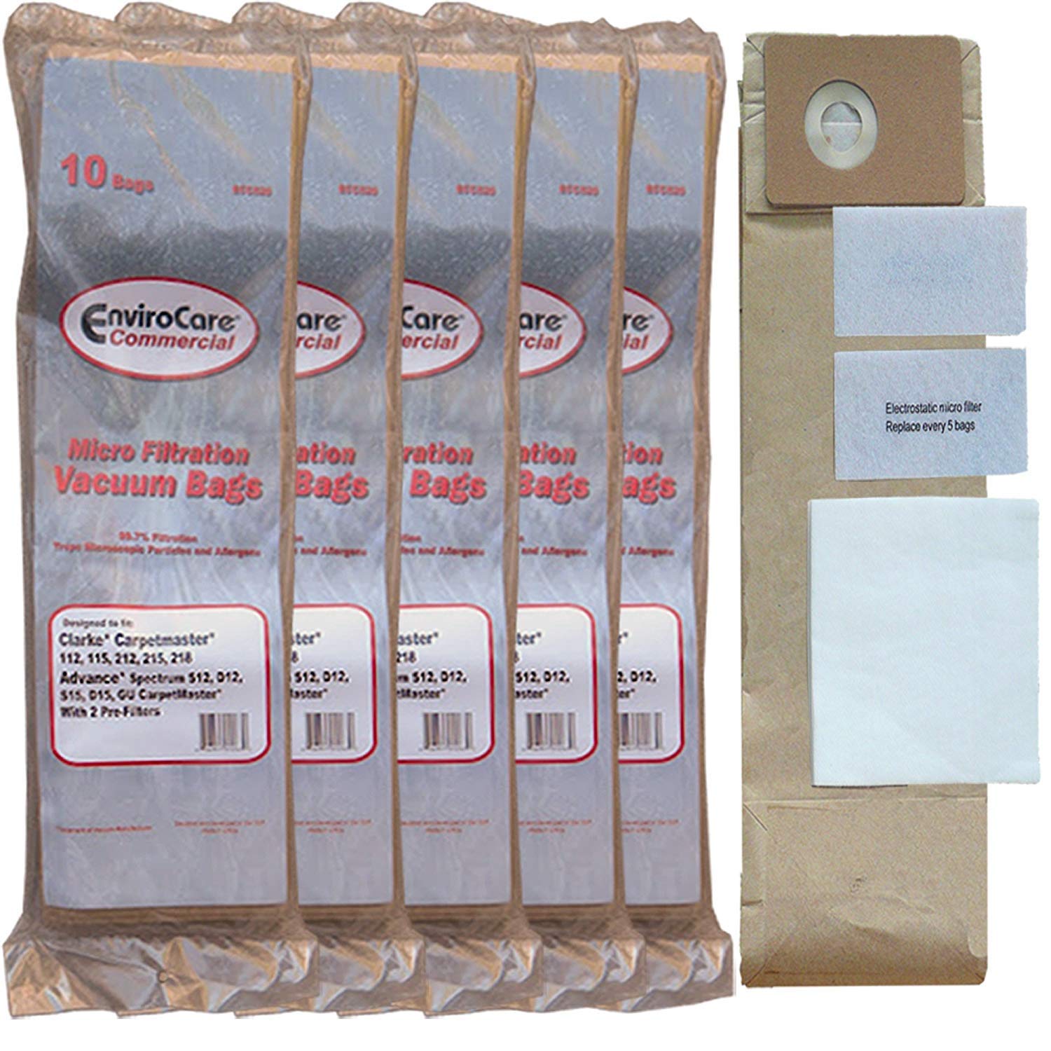 EnviroCare Replacement Micro Filtration Vacuum Cleaner Dust Bags - 50 Pack with Exhaust & Pre Filters - Compatible with Advance Spectrum, Clarke, CarpetMaster, Nilfisk Vacuums - Perfect for Home Cleaning, Office Maintenance & Commercial Use