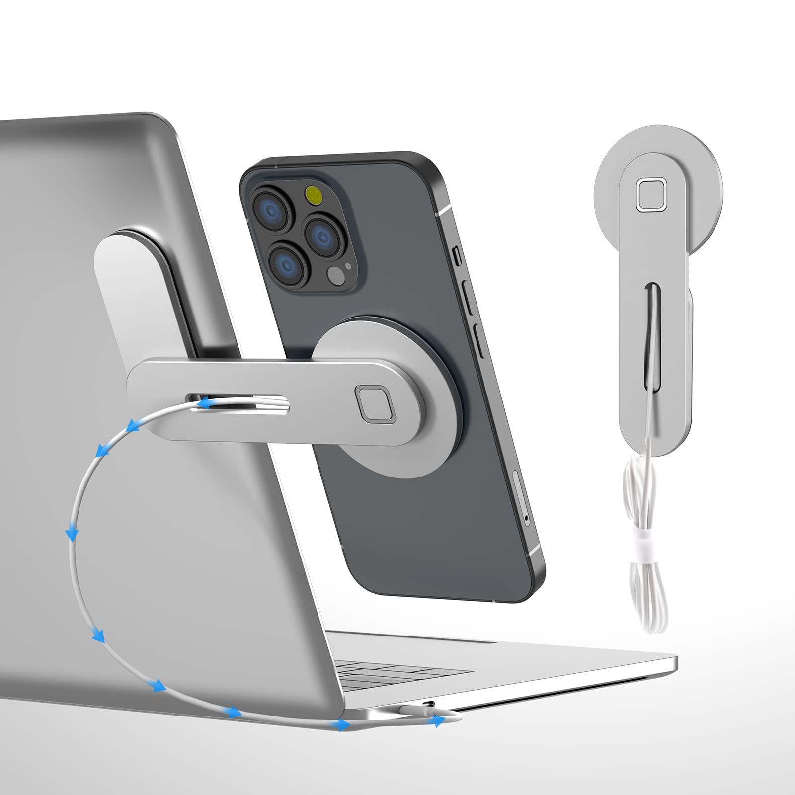 15W Fast Magnetic Wireless Laptop Phone Holder - Adjustable Side Mount for iPhone 15/14/13/12 Series | Slim Portable Computer Monitor Stand | Silver | Perfect for Home Office, Remote Work & Video Conferencing