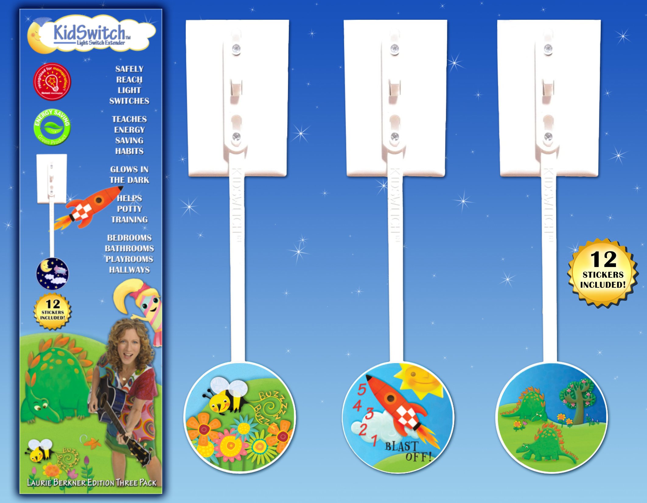 KidSwitch Light Switch Extender for Toddlers - Laurie Berkner Edition (3-Pack) with 12 Themed Wall Decals - Multi-Award Winning Child Safety Product - Perfect for Nursery, Playroom & Kids' Bedroom Safety
