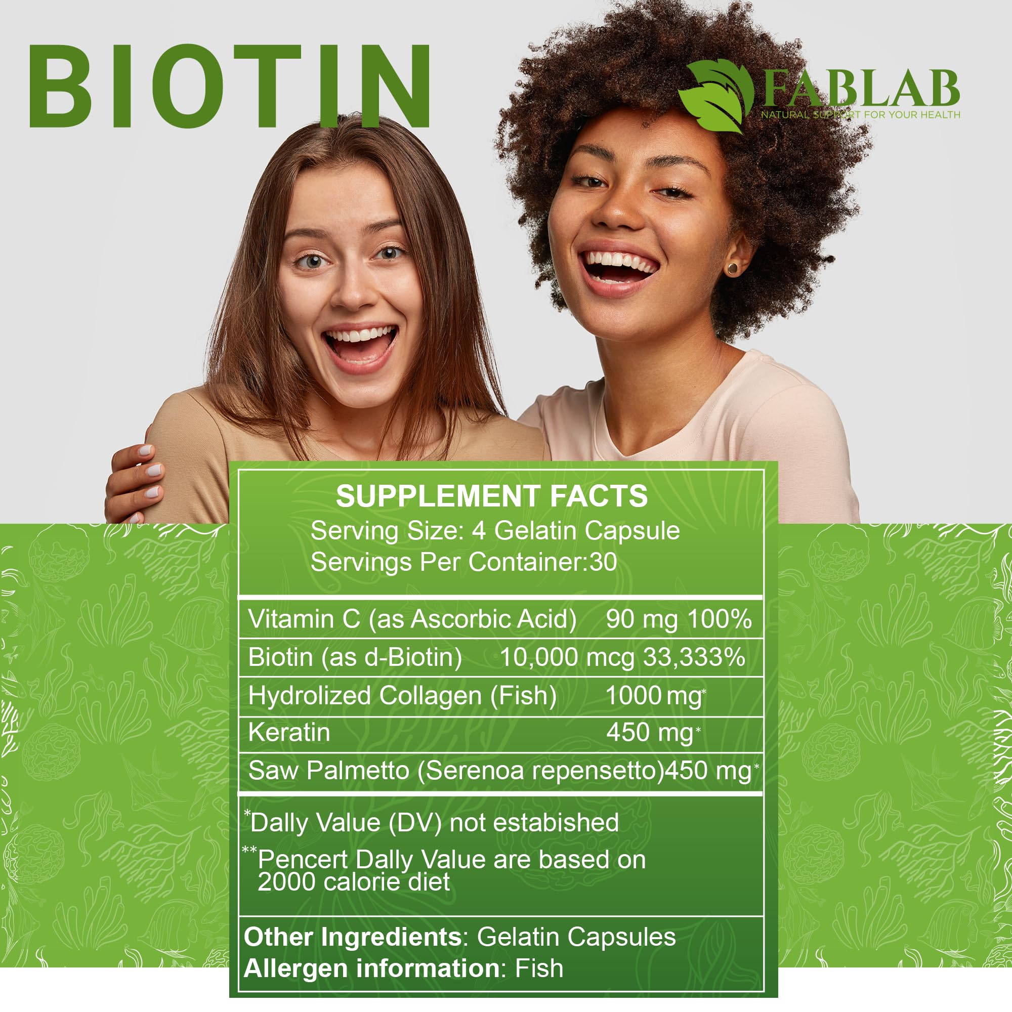 FabLab Biotin 10000 mcg with Collagen & Keratin - Hair Skin Nails Supplement for Women & Men - Supports Healthy Hair Growth, Strong Nails & Glowing Skin - Made in USA, 120 Capsules - Perfect for Daily Beauty Routine & Wellness Support
