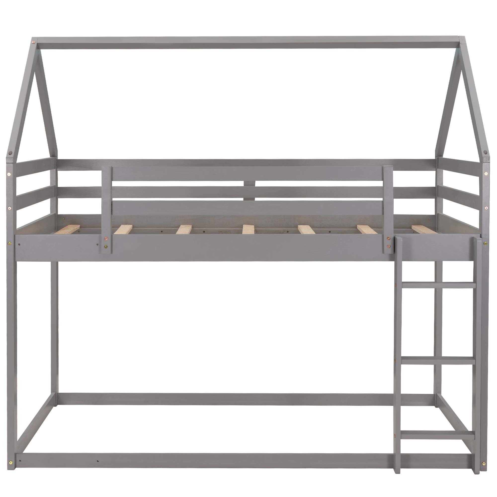 Rhomtree Twin Over Twin Low Bunk Bed with Roof - Wooden House Loft Bed Frame for Kids & Toddlers, No Box Spring Needed, Easy Assembly (Grey) | Perfect for Small Bedrooms, Shared Kids Rooms & Space-Saving Sleep Solutions