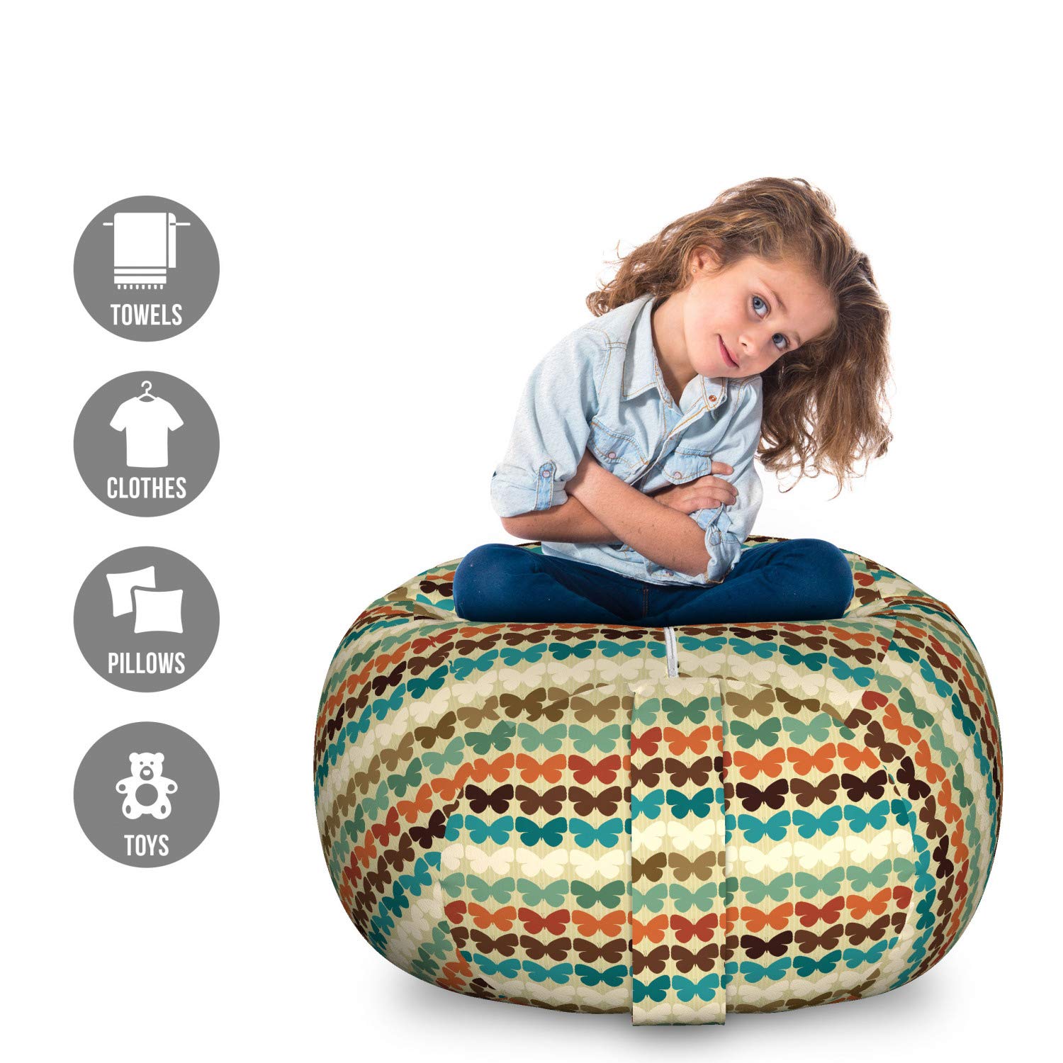 Ambesonne Butterfly Storage Toy Bag Chair - Retro Style Pattern with Butterfly Silhouettes, Large Washable Stuffed Animal Organizer | Kids Room Decor, Nursery Storage, Playroom Organization