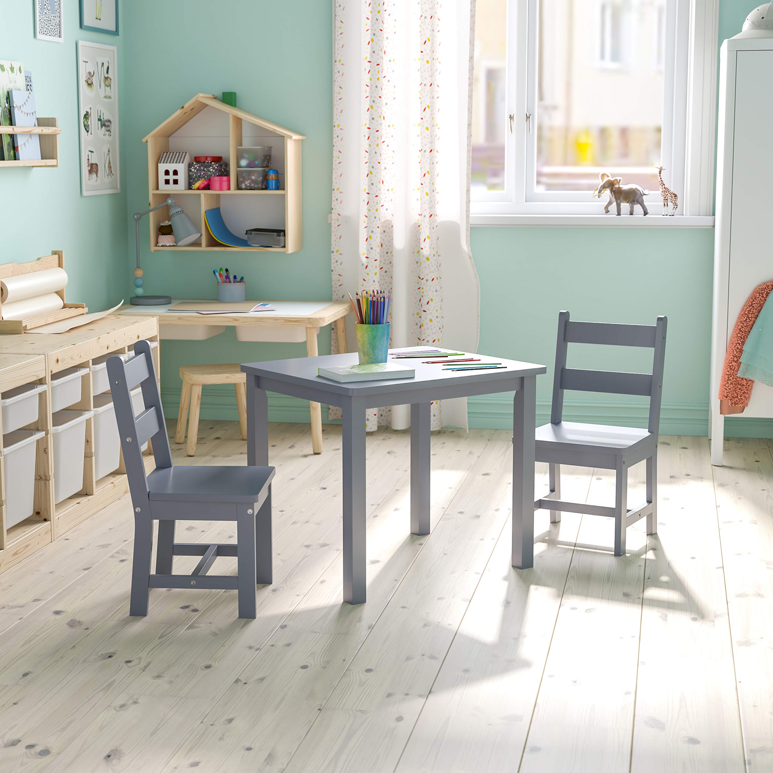 Emma & Oliver Kids 3-Piece Solid Hardwood Table and Chair Set - Gray Playroom Furniture for Toddlers, Kitchen Dining Set for Children | Perfect for Arts & Crafts, Snack Time, and Learning Activities