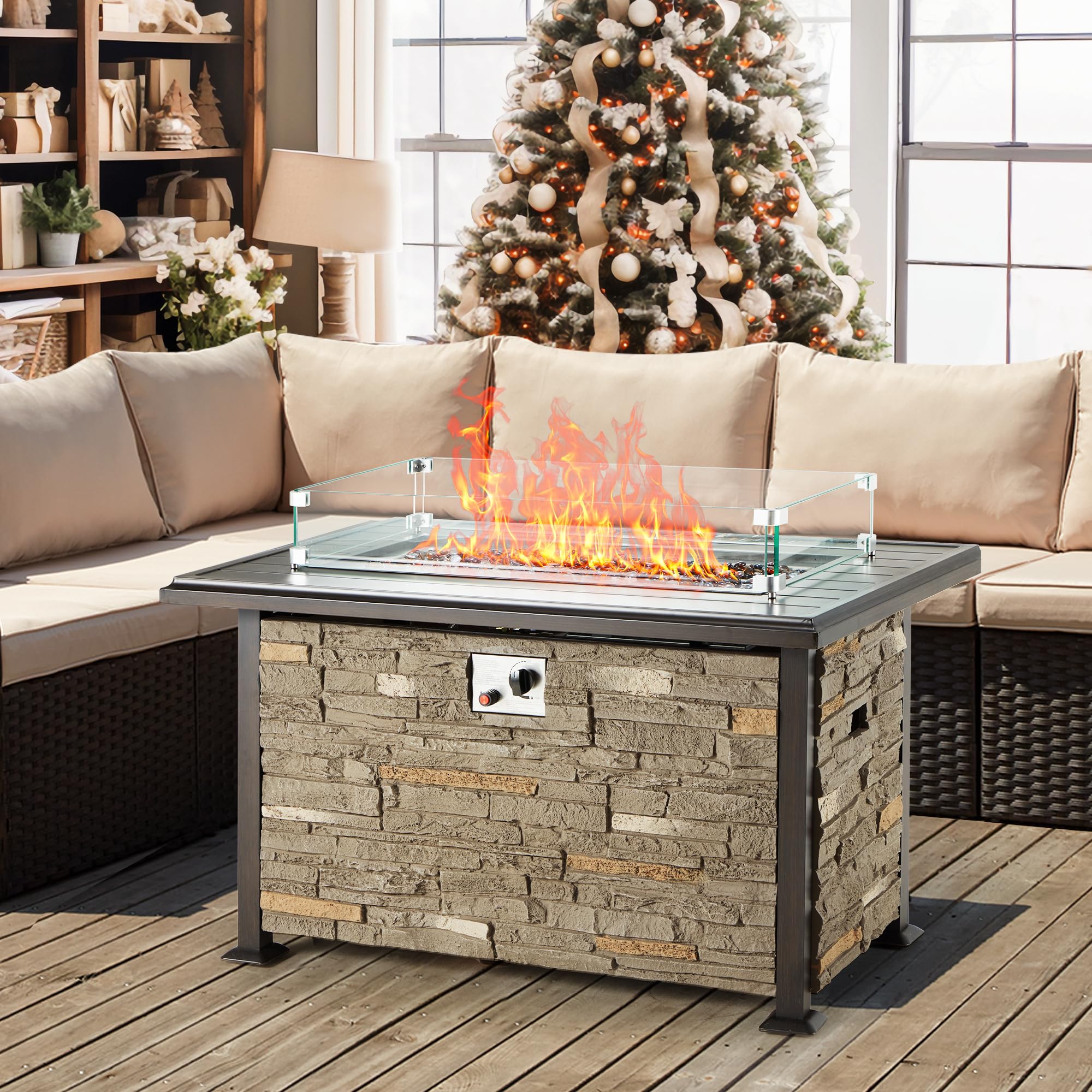 Vicluke 44 Inch Outdoor Propane Fire Pit Table with Faux Ledgestone & Hand-Painted Table Top - 50,000 BTU CSA Certified Fire Table with Wind Guard & Waterproof Cover - Perfect for Patio, Backyard, Christmas Decor (Gray)