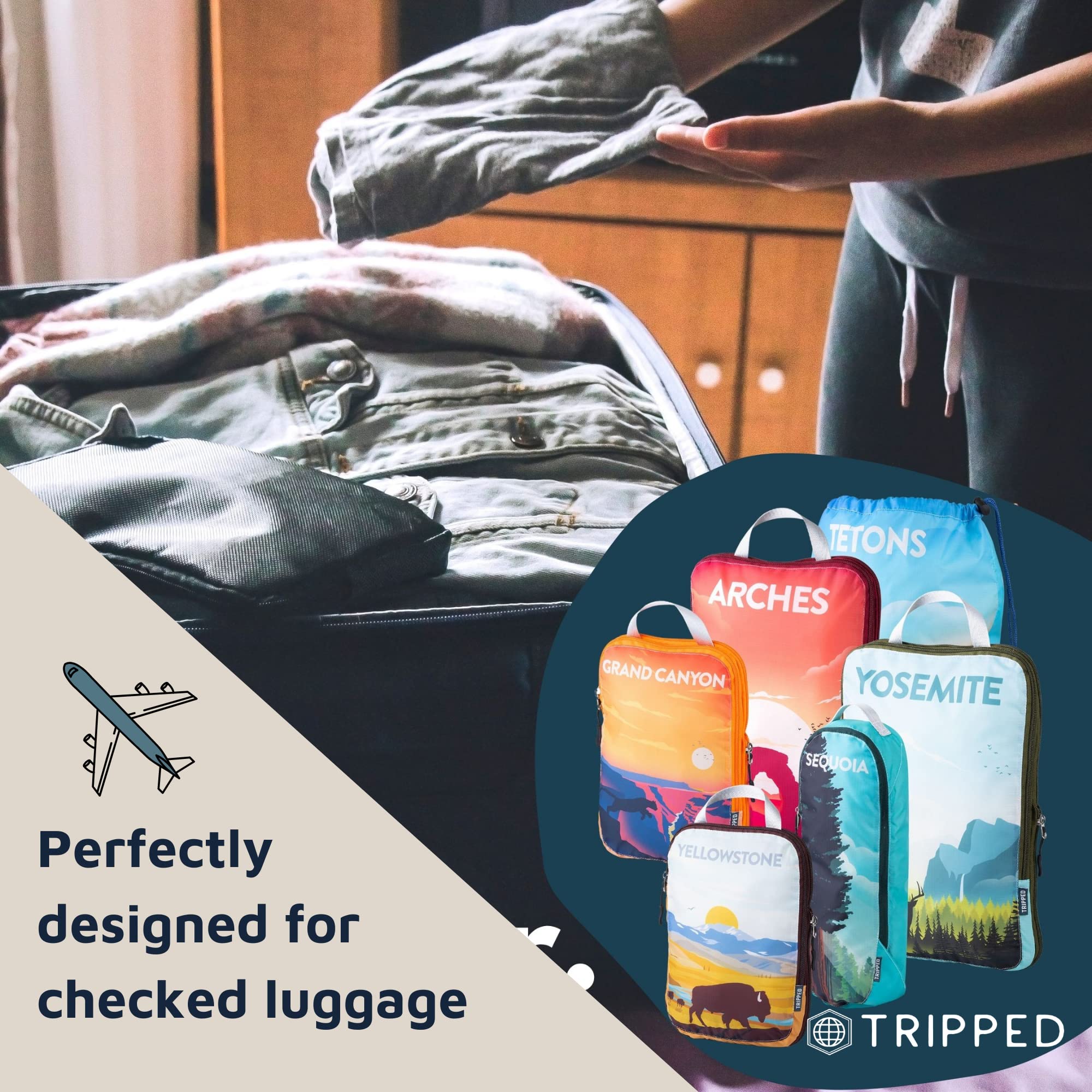 Ultralight Expandable Packing Cubes for Travel - 7 Piece Set of Extra Large Luggage Organizers & Compression Bags by TRIPPED Travel Gear | Perfect for National Parks Trips, Business Travel & Vacation Packing Organization