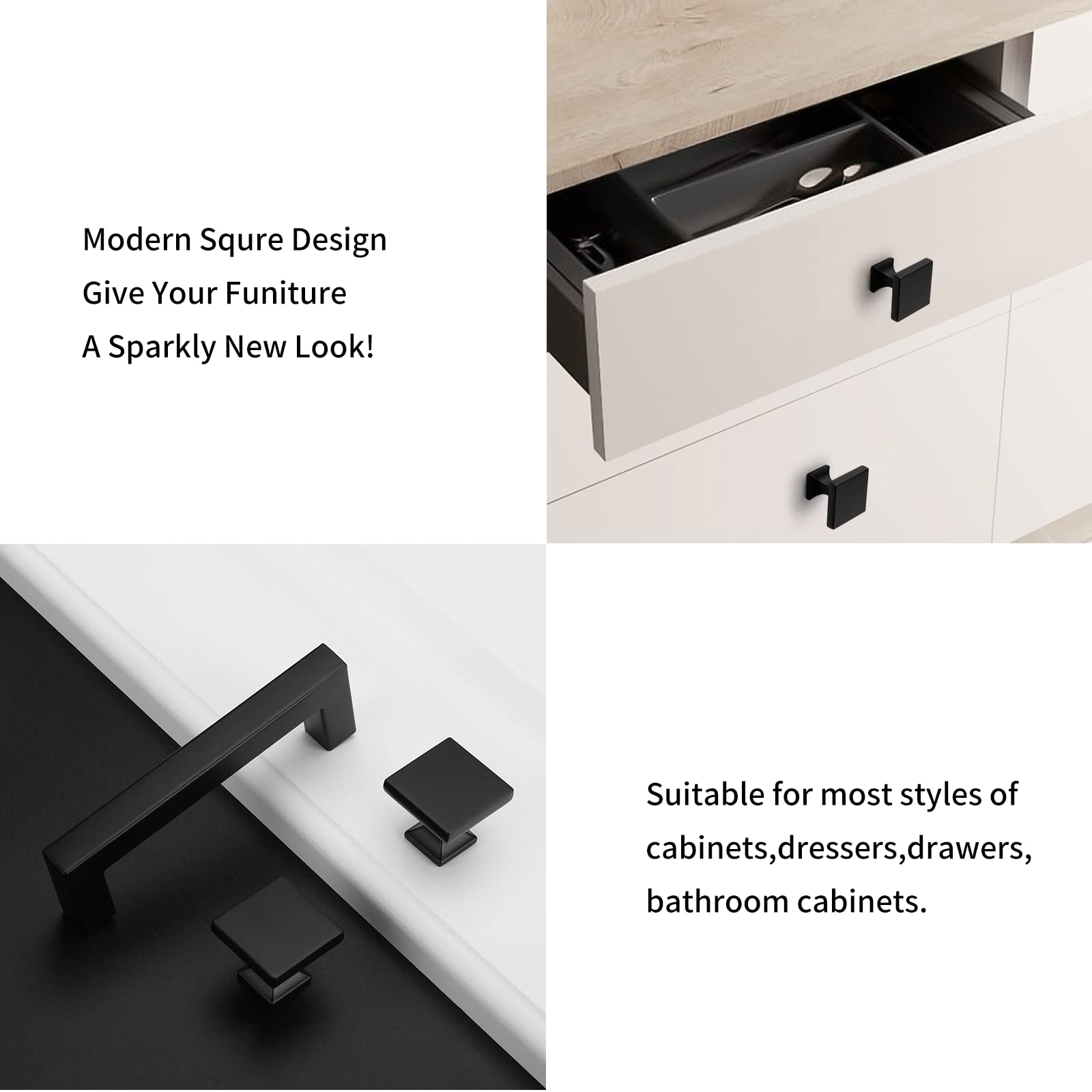 50 Pack Black Square Cabinet Knobs - Matte Black Kitchen Drawer Pulls, Zinc Alloy Cabinet Hardware for Drawers, Desks, Stairs & Bathroom - Durable & Stylish Home Upgrade for Modern Kitchens & Furniture