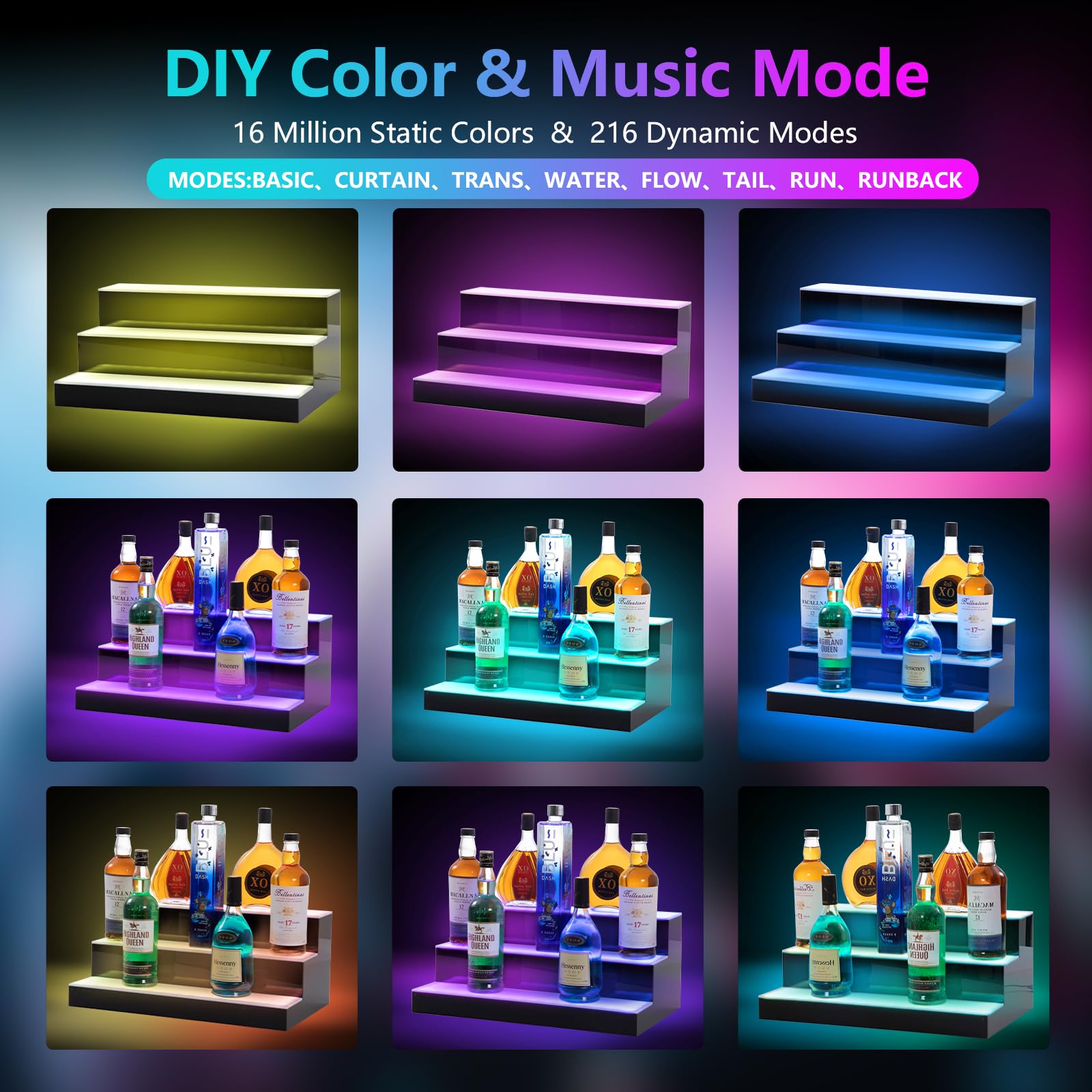 3-Tier LED Illuminated Whiskey Bottle Display Shelf - 20 Inch Acrylic Bar Stand with USB, RF Remote & App Control - Holds 18 Bottles for Home Bar, Party Decor & Restaurant Display