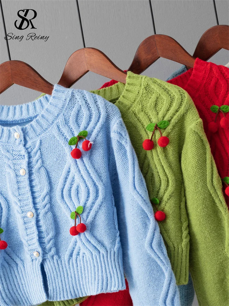 3D Cherry Print O-Neck Long Sleeve Pearl Button Knit Sweater for Women - Cozy Winter Pullover for Casual Wear & Office Outfits