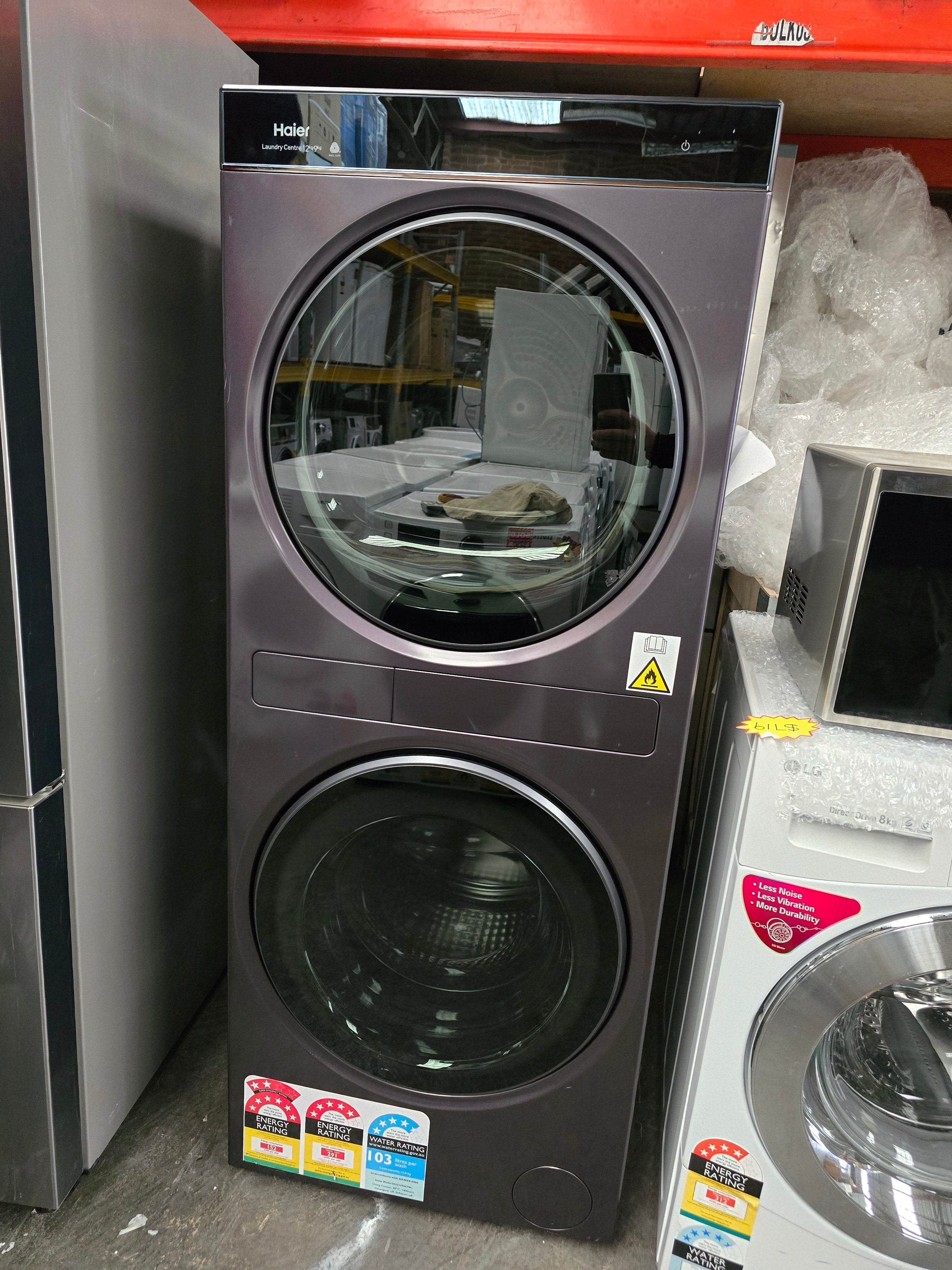 Haier 12kg Washing Machine & 9kg Heat Pump Dryer Combo - HLC1290CTB1 Laundry Center with Dark Finish | Energy Efficient, Space Saving | Perfect for Apartments & Small Homes (Factory Second)
