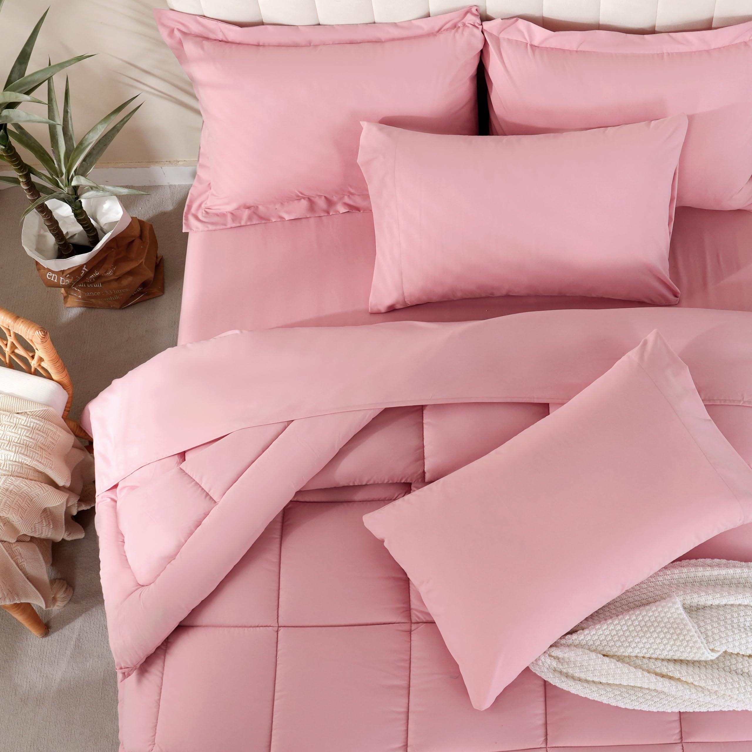 DOWNCOOL Queen Comforter Set - 7 Piece All Season Down Alternative Bedding in a Bag (Comforter, Flat Sheet, Fitted Sheet, 2 Pillow Shams & 2 Pillowcases) - Soft Pink Luxury Bedding for Master Bedroom, Guest Room & Dorm