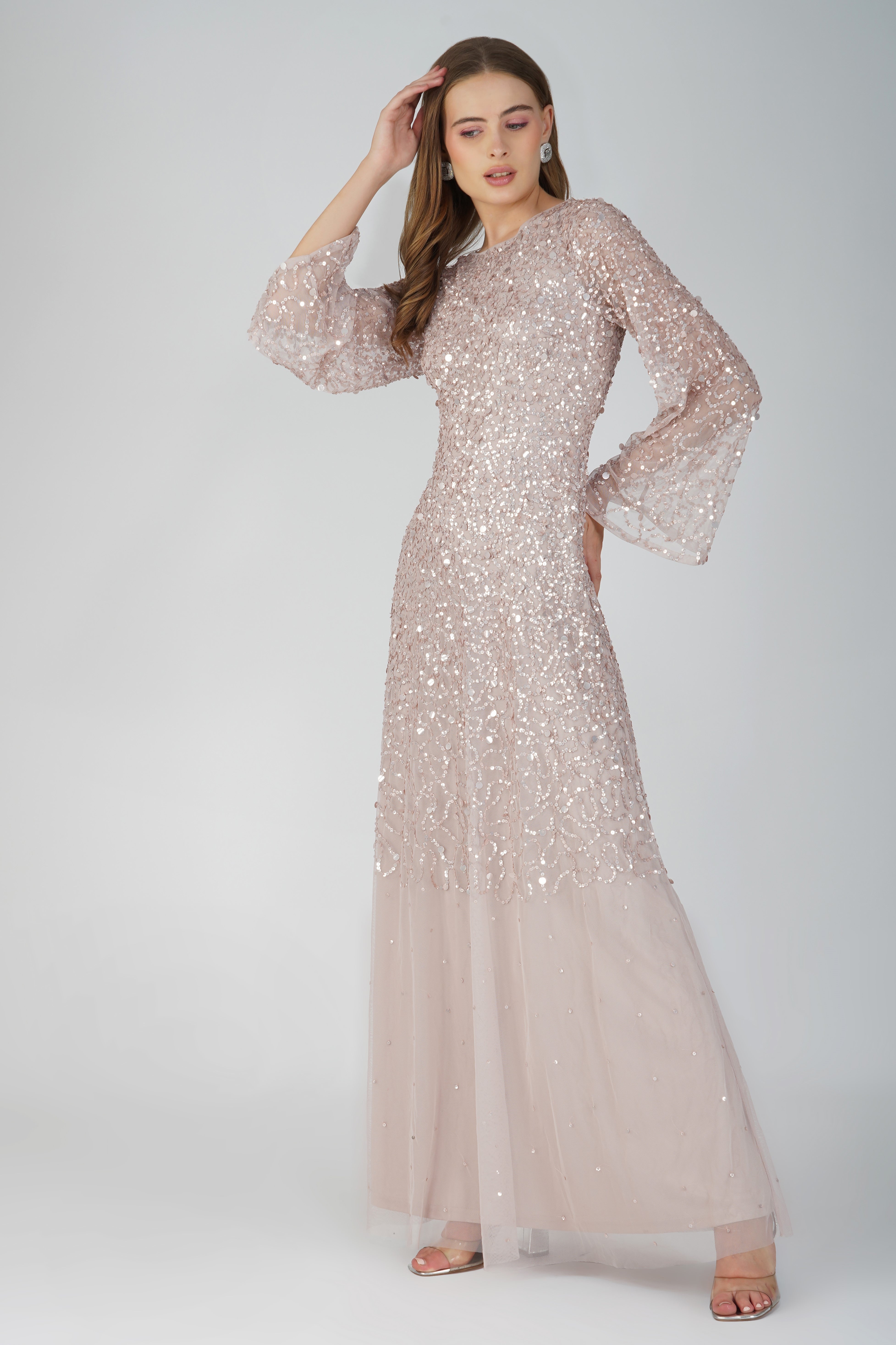 Elegant Diane Long Sleeve Embellished Maxi Dress in Mink - Perfect for Weddings, Parties & Special Occasions