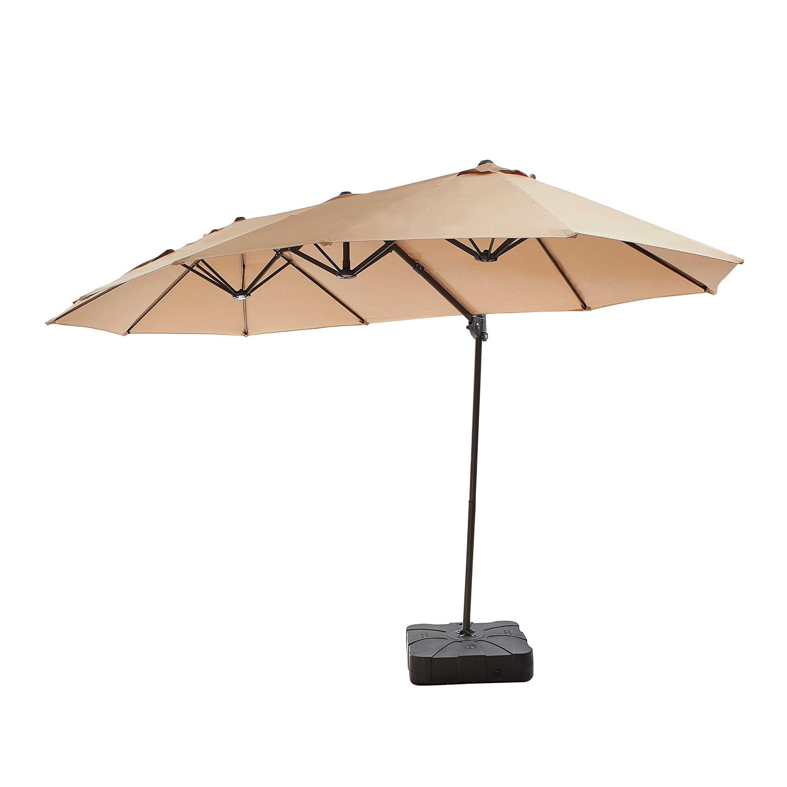 LOKATSE HOME 14.4 Ft Twin Head Outdoor Patio Market Umbrella with Crank & Weighted Base Stand - Large Rectangular Cantilever Hanging Umbrella Set in Khaki - Perfect for Poolside, Backyard, Beach, and Outdoor Dining Areas