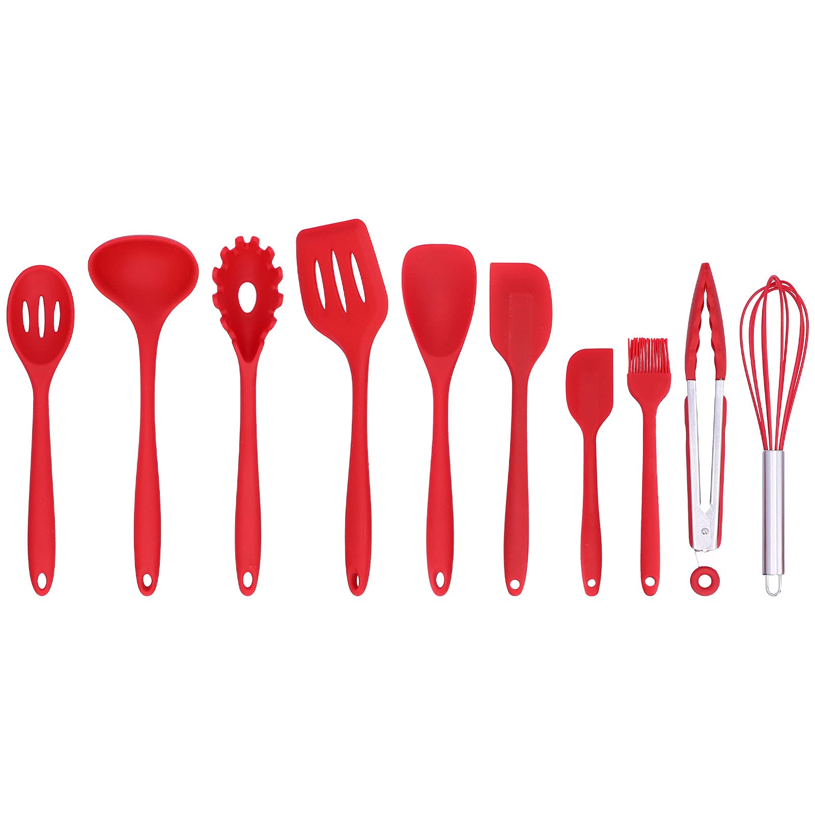Silicone Kitchen Utensils Set - 10Pcs Non-Stick Spatula, Spoon, Eggbeater & Brush for Home Cooking (Red) - Ideal for Baking, Frying & Everyday Kitchen Use