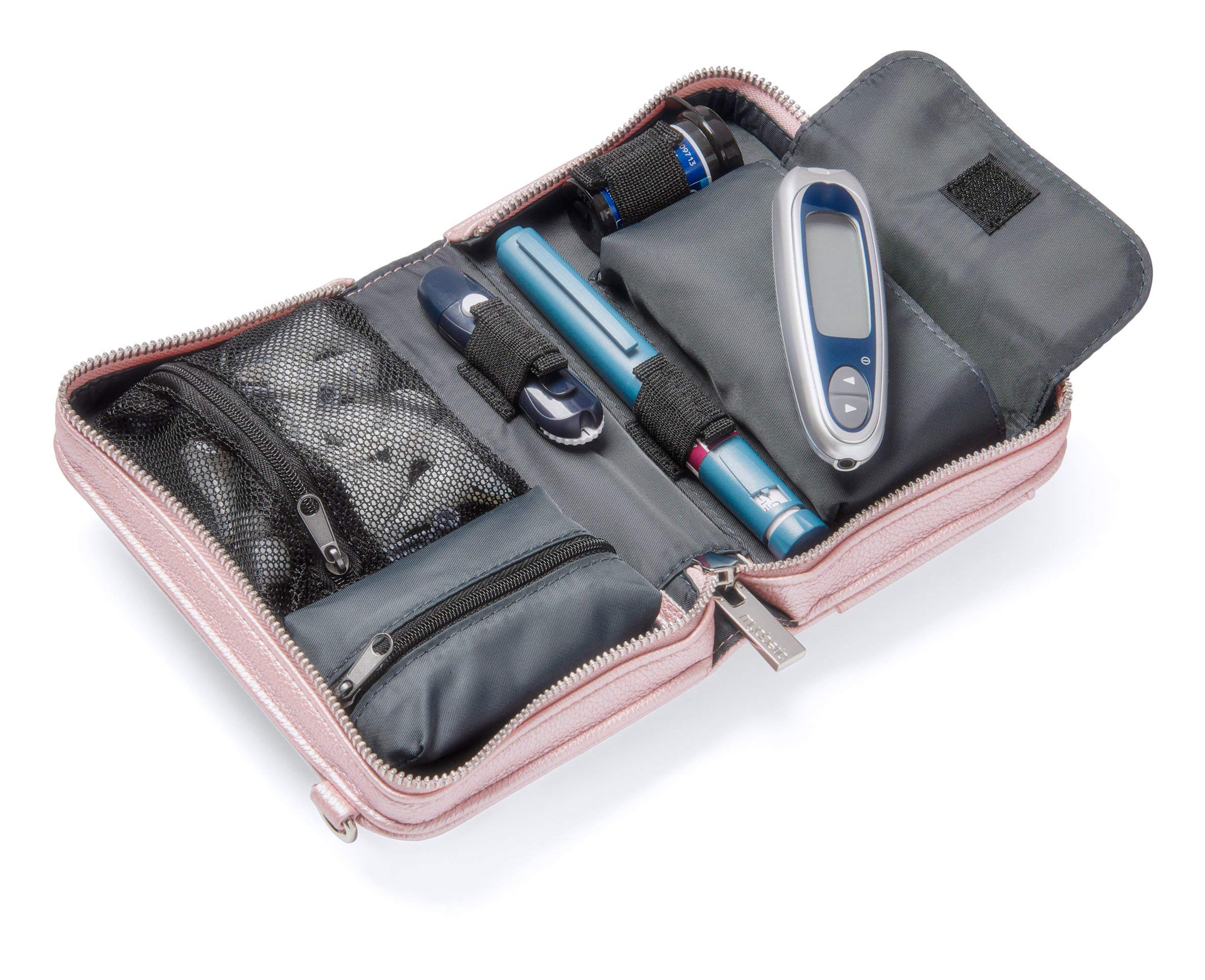 Myabetic Tina Diabetes Mini Crossbody Bag for Glucose Meter, Test Strips, Insulin Pen & Vial - Organizer for Keys, Credit Cards & Essentials (Pink Frost) - Perfect for Daily Use, Travel & Medical Needs