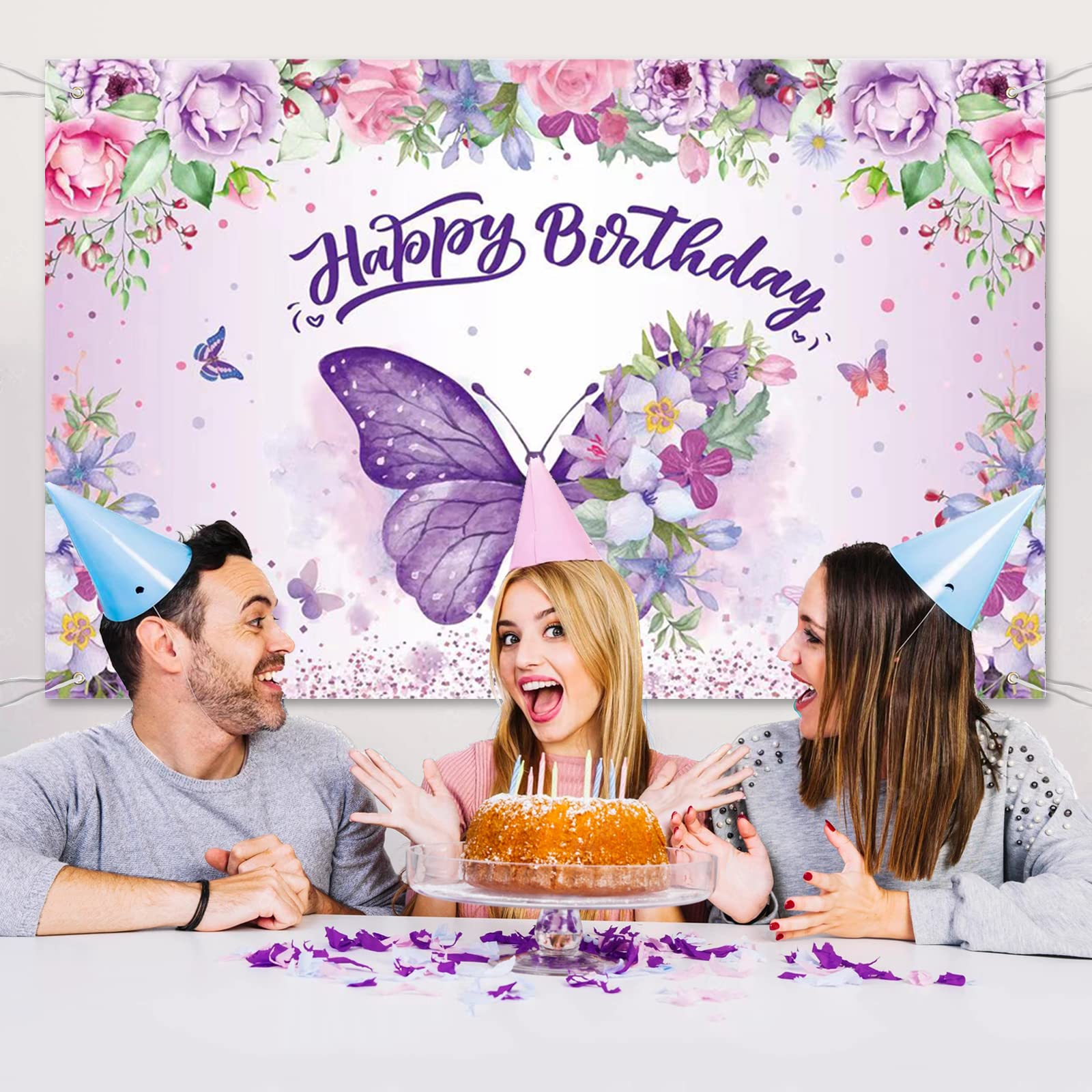 Purple Butterfly Happy Birthday Backdrop & Banner - Elegant Women's Birthday Decor, Baby Shower & Fairy Themed Party Supplies - Perfect for Spring Celebrations, Indoor/Outdoor Decorations
