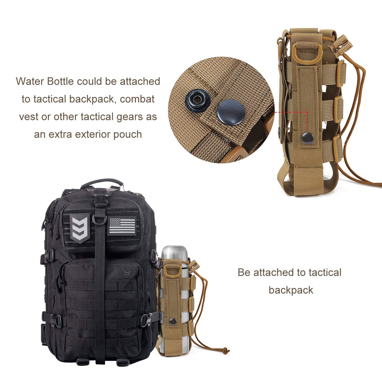 WICHEMI MOLLE Water Bottle Pouch - Tactical Hydration Holder with Adjustable Straps for 17-84 Oz Bottles (Brown) - Perfect for Hiking, Camping & Outdoor Adventures